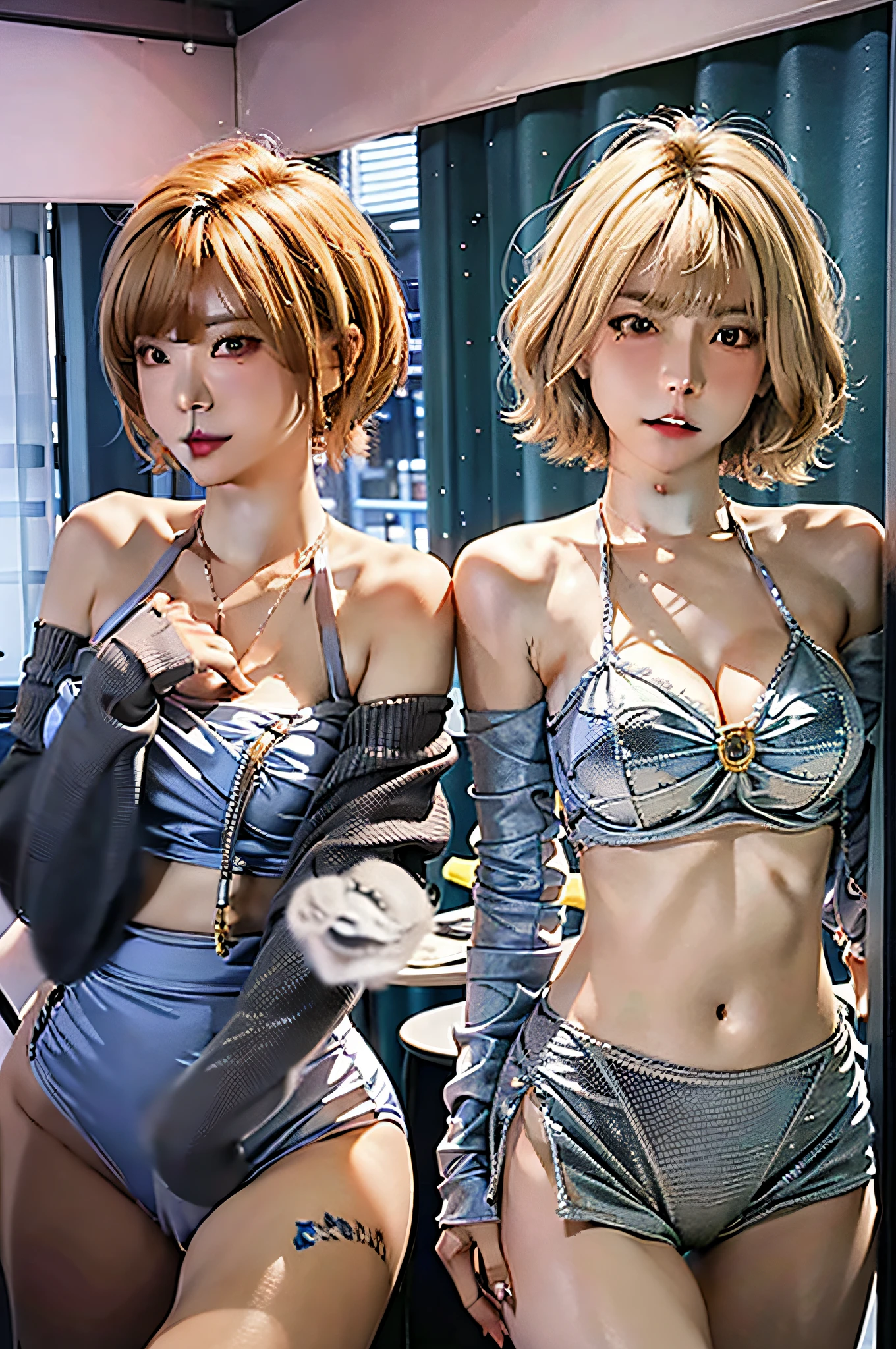 Short blonde hair, underwear, broken hair, necklace, in the office, back to back, (excellent detail, excellent lighting, wide angle), (excellent rendering, enough to stand out), cat tail