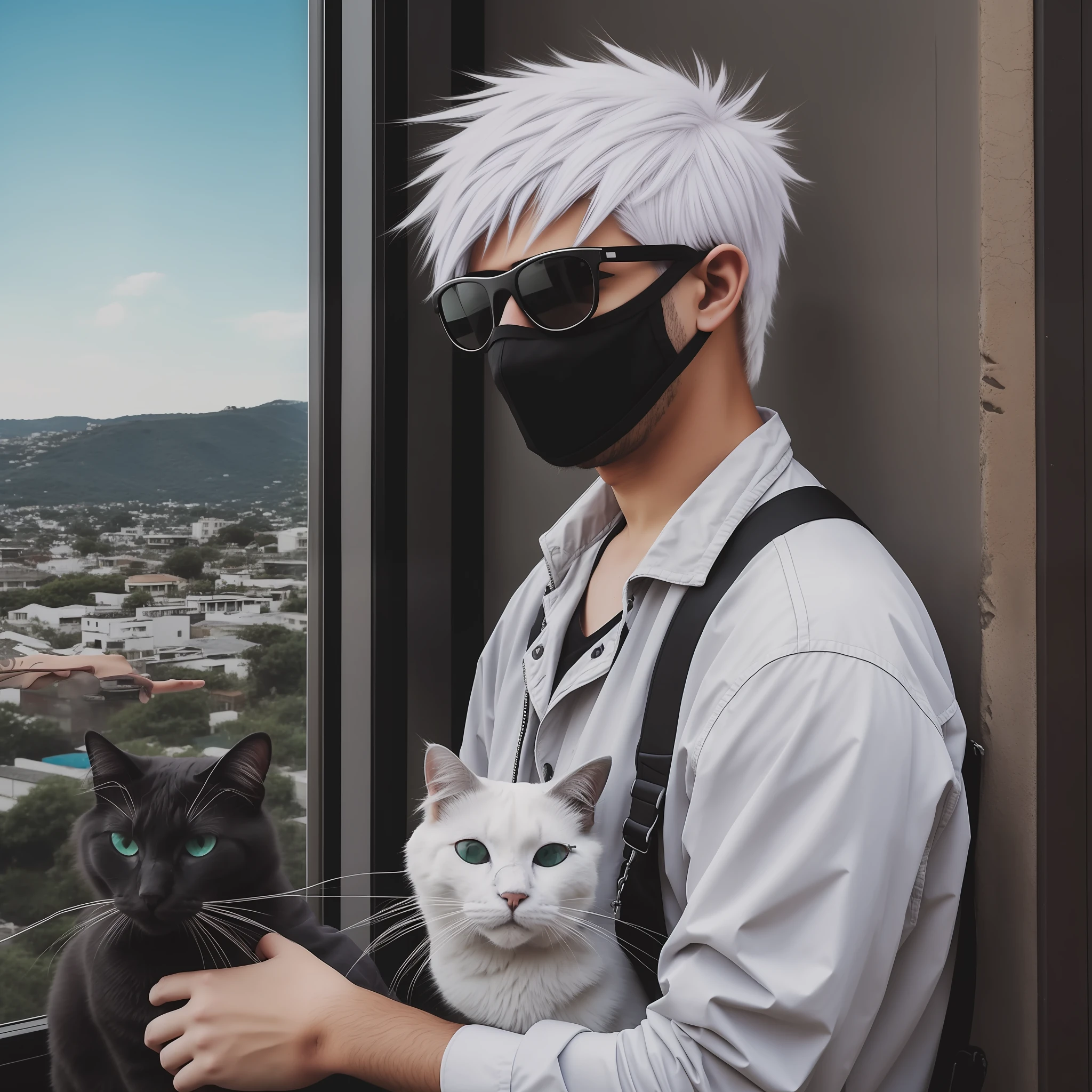 (Amazing scene) Kid with medium hair dyed white wearing black hipster sunglasses, looking out at the landscape with a gray cat sitting on his shoulder and a mask hanging from his neck.