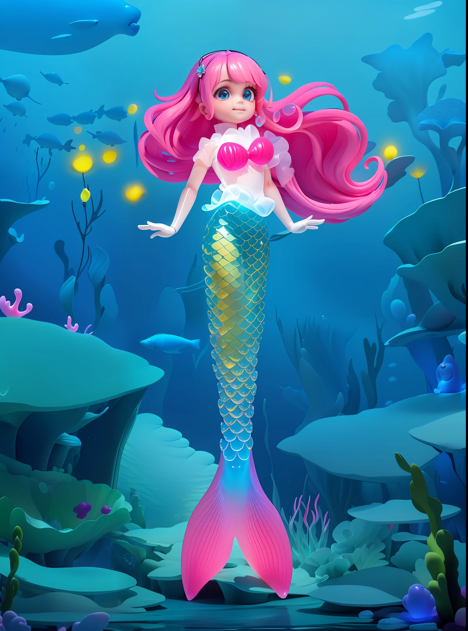 Detailed plastic material, masterpiece, best quality, (very detailed model), (best quality), octane rendering, ray tracing, very detailed, 3D toy, (fish tail) exaggerated huge hair, mermaid, fish tail, smile, , perfect face, (complete body) (3D hair, cute hair accessories, ((kids)), beautiful eyes, cute big eyes, cute face, pink green gradient, chib, fluorescent translucent, colorful, plastic, children, transparent, product design, glowing jelly, Delicate and cute plastic, beautiful light and shadow 3d, digital art, translucent plastic bubblegum, close-up, 3d, super detailed, c4d, Octane rendering, Blender, HD, full body, simple background! (Extremely detailed details) (masterpiece) (stand up straight) smile, tight glowing clothes, underwater background, underwater blisters, glowing fish, elegant face, beautiful face, delicate hands, delicate and delicate hands, elegant face, graceful face, finely carved face, pupils clearly visible, white eyeballs, dark eyes, pink hair translucent, delicate fine arms, perfect eyes, delicate eyes, extremely detailed eyes