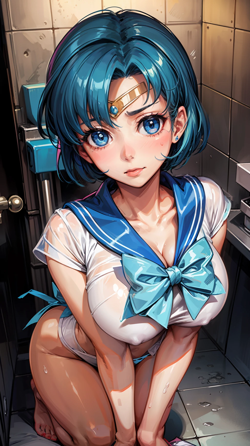 Massive amount of white liquid all over her body on her chest and tongue, taken from the front, woman with blue hair (in two knots) with upper eyes, solo, delicate face, medium cleavage, abandoned toilet, angle from above, sailor moon cosplay, underwear, sweat, thin, mouth wide open, tongue sticking out, crawling on all fours, large amount of white yogurt on chest and tongue
