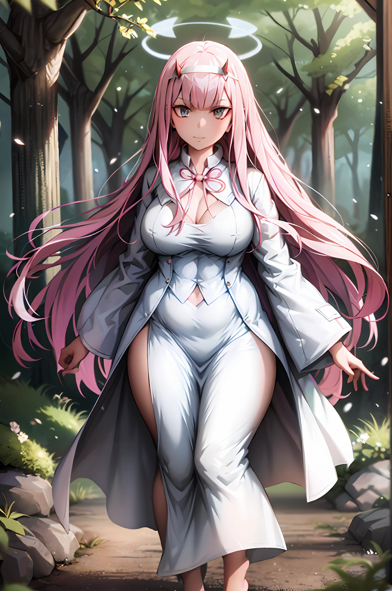 robe longue, oni girl, zero two, robe blanche, robe blanche, halo d’ange, halo arc-en-ciel, full body , portrait, medium breast, walking, forest, coat, vest, buttler