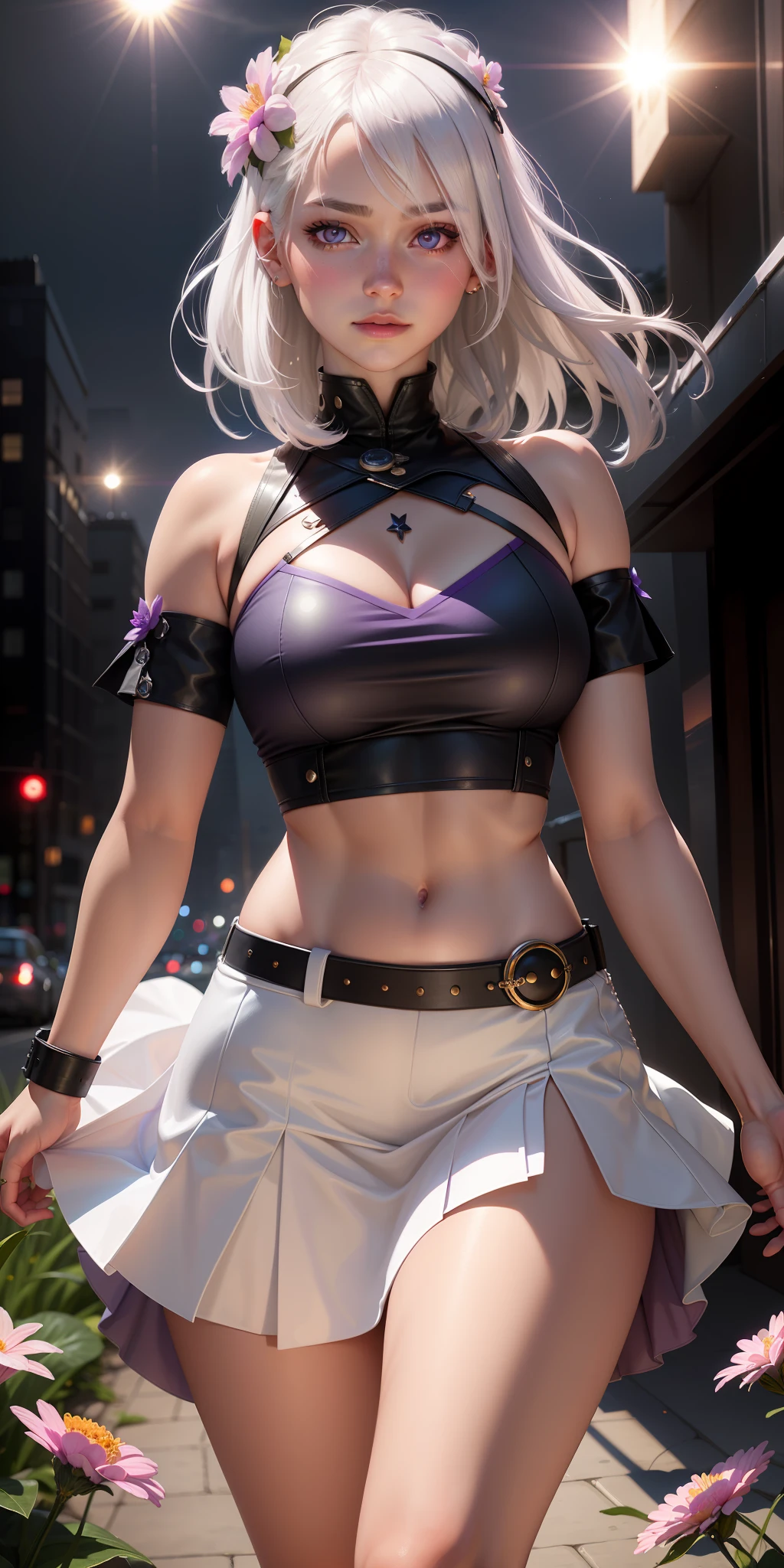 realistic, 1girl, white hair, purple eyes, glowing eyes, crop top, skirt, parted lips, blush, night, flowers, sun, sunlight,