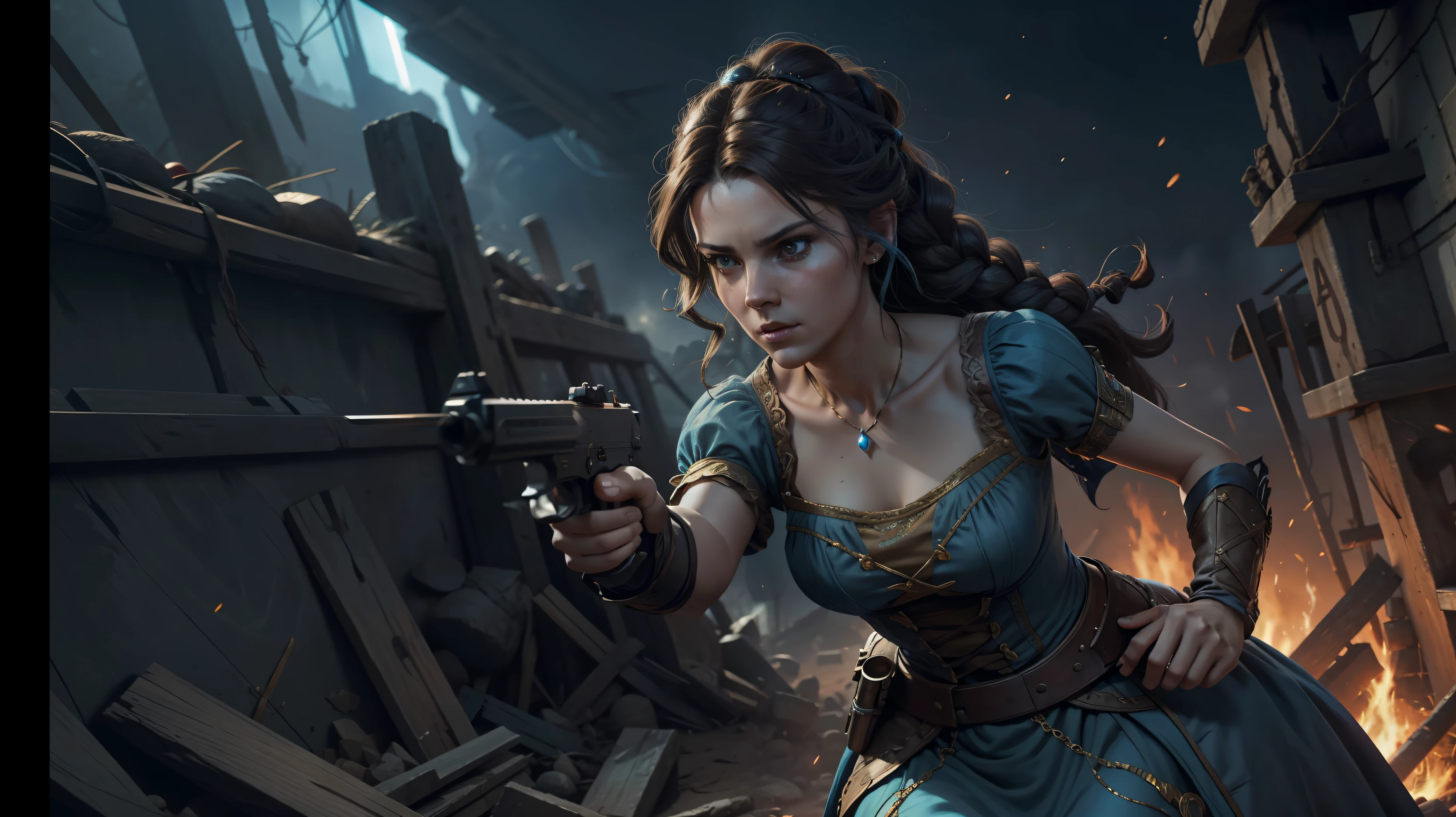 RPG game card, Ultra-realistic character woman style League of legends, with huge hair messy hair with small hippie hairstyles braids, dark brown hair, gold and silver details, wearing baby blue muslin dress style dress, 19th century dress with exceptional and impressive details, embroidery of flowers, pearls,
wearing gloves, striking an action pose with a 19th century English pistol, post-apocalyptic setting, ancient dystopia, smoke and bright fire sparks, serious expression looking at an unknown target pointing the pistol, fire backdrop, night sky, cinematic lighting of fire, (backlighting: 1.2), (brights of light: 1.1), (chromatic aberration: 1.2), sharp focus, high contrast, (cinematic lighting: 1.2), movie trailer image, movie style (screen lighting: 1.1) Realism, Ultra-Wide Angle, 135mm, atmospheric perspective, 8k, super detail, award winning, textured skin, super detail, 16k, anatomically correct