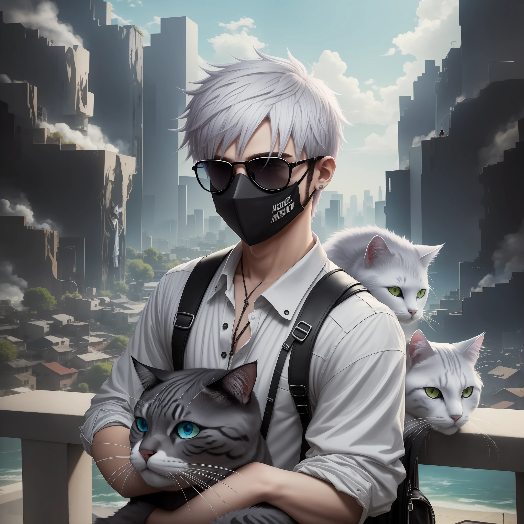 (Amazing scene) Kid with medium hair dyed white wearing black hipster sunglasses, looking out at the landscape with a gray cat sitting on his shoulder and a mask hanging from his neck.