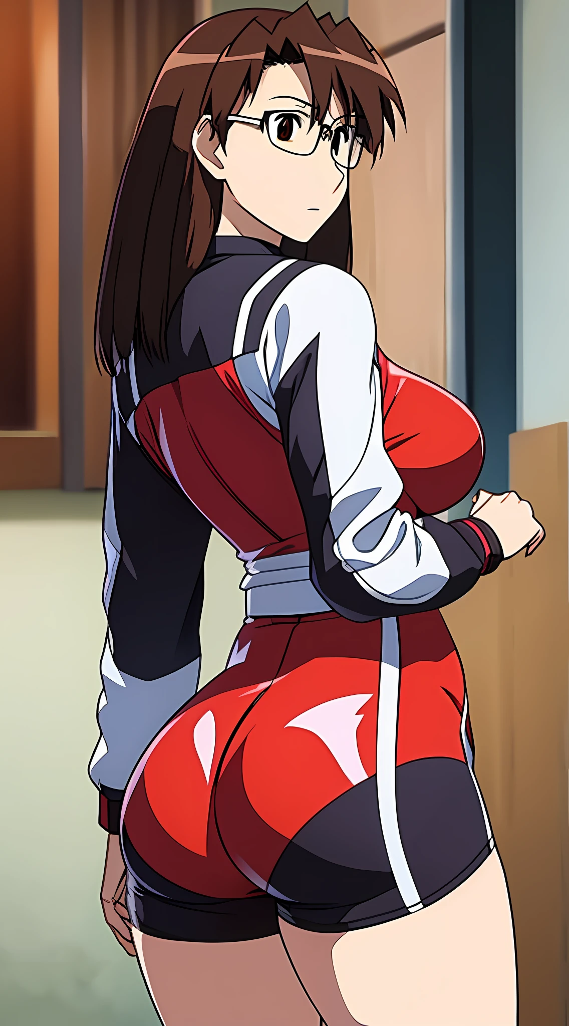 Koyomi Mizuhara, Brunette hair, glasses, huge breasts, medium ass, biker shorts and white thong, hot outfit, back of view, skinny body, healthy figure, looking back, hot ass