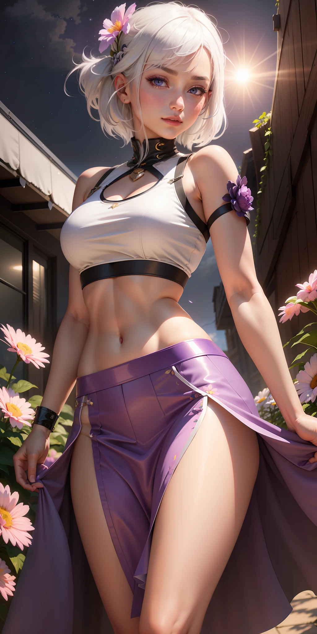 realistic, 1girl, white hair, purple eyes, glowing eyes, crop top, skirt, parted lips, blush, night, flowers, sun, sunlight,