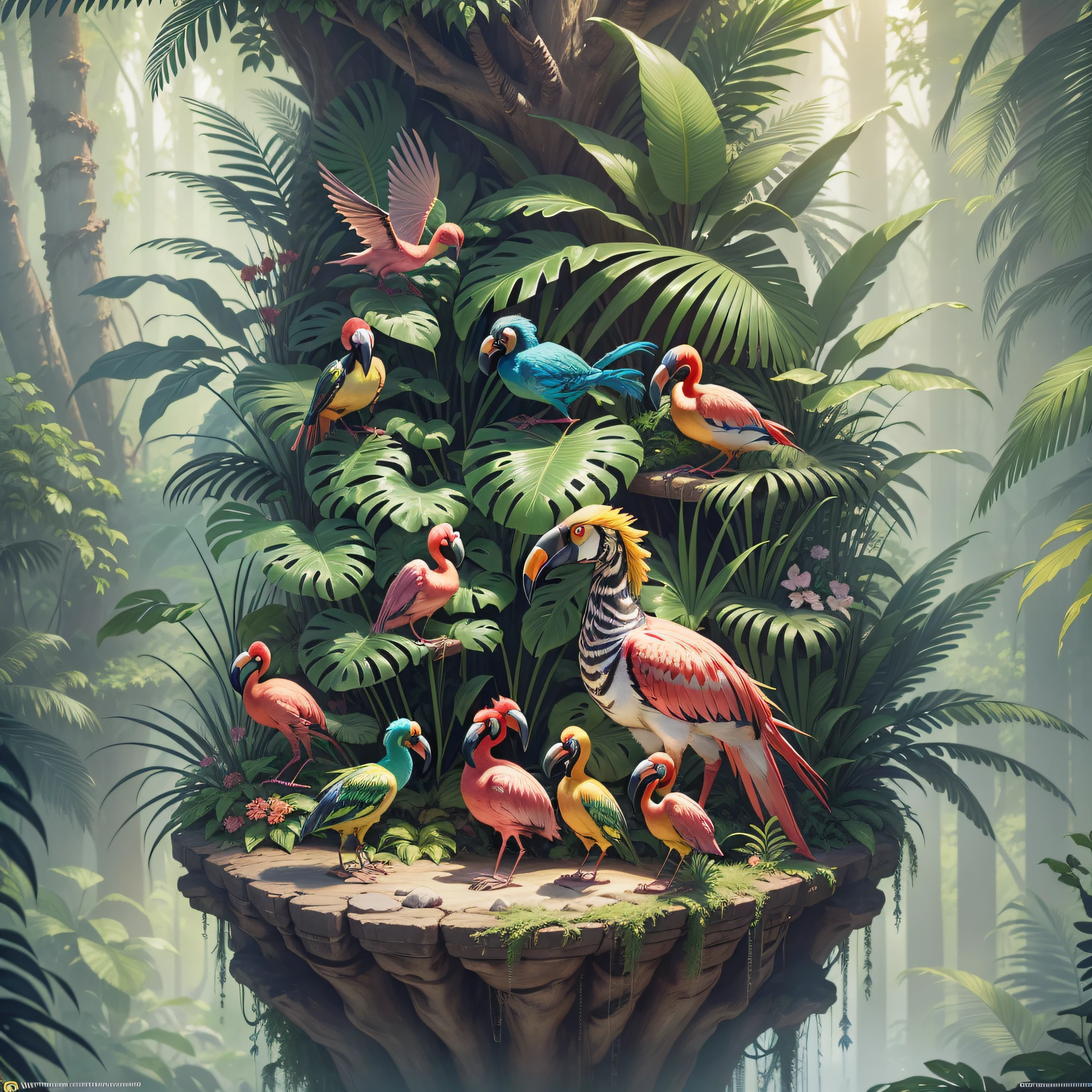 Create a perfect photograph of a jungle with many colorful birds, zebras, flamingos, toucans, macaws, tropical forest, rich in detail, 3D rendering, best quality, National Geographic, award-winning photography, cinematic, cinema light, cinema quality, masterpiece, super detailed, hyper realism, by Hildebrandt, Stylize, Fantasy, Concept Art, Make-Believe, Imaginary, Supernatural, Fantastic