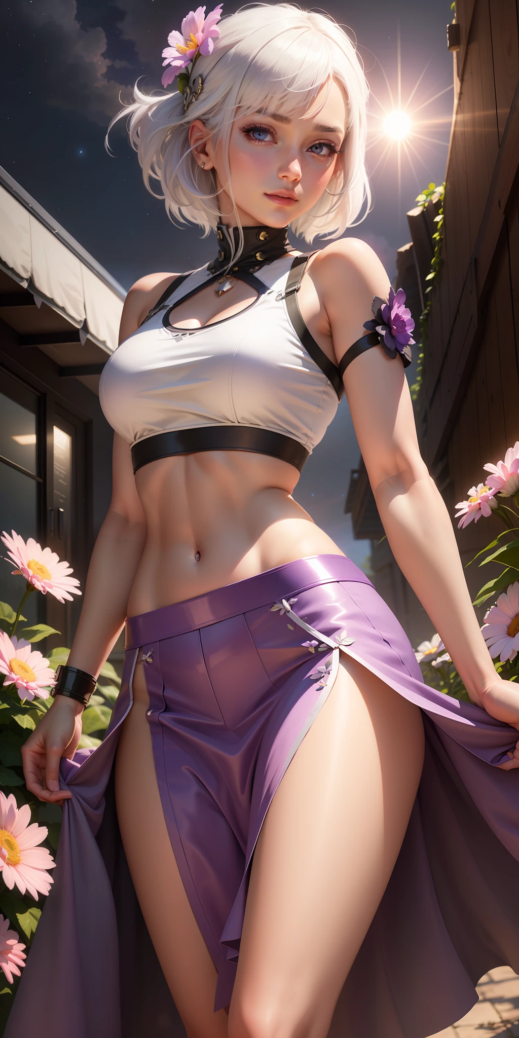 realistic, 1girl, white hair, purple eyes, glowing eyes, crop top, skirt, parted lips, blush, night, flowers, sun, sunlight,