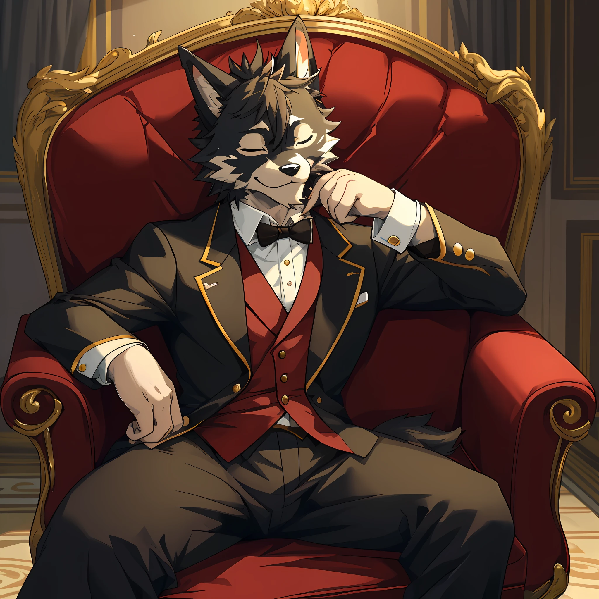 top quality, best quality, masterpiace, super high resolution, detailed background, spotlight, concert(highly detailed beautiful face and eyes)absurdres, perfect anatomy(handsome 1boy, kemono, solo focus, tuxedo)(furry)(furry anthro:1.7)(Furry body, dog facial features, dog body features)(very detailed body fur)full body, sitting, closed eyes, An opulent red velvet single-seat sofa with a sense of grandeur, adorned with lavish armrests, smile, portrait,