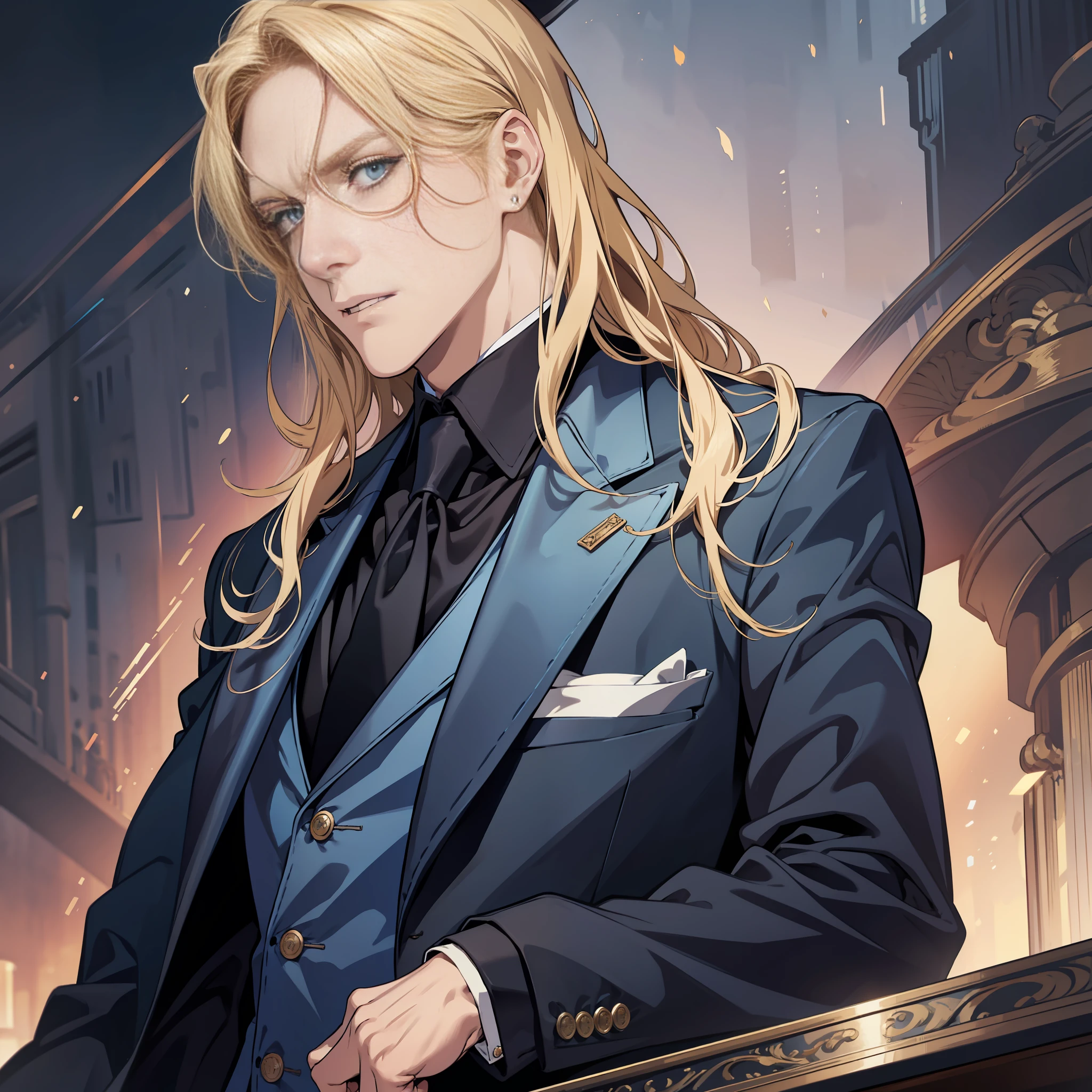1 male, three-piece suit, jacket, upper body, looking at camera, blonde long hair, blue eyes, butler, high quality, high quality, elderly man, melancholy expression, detailed background