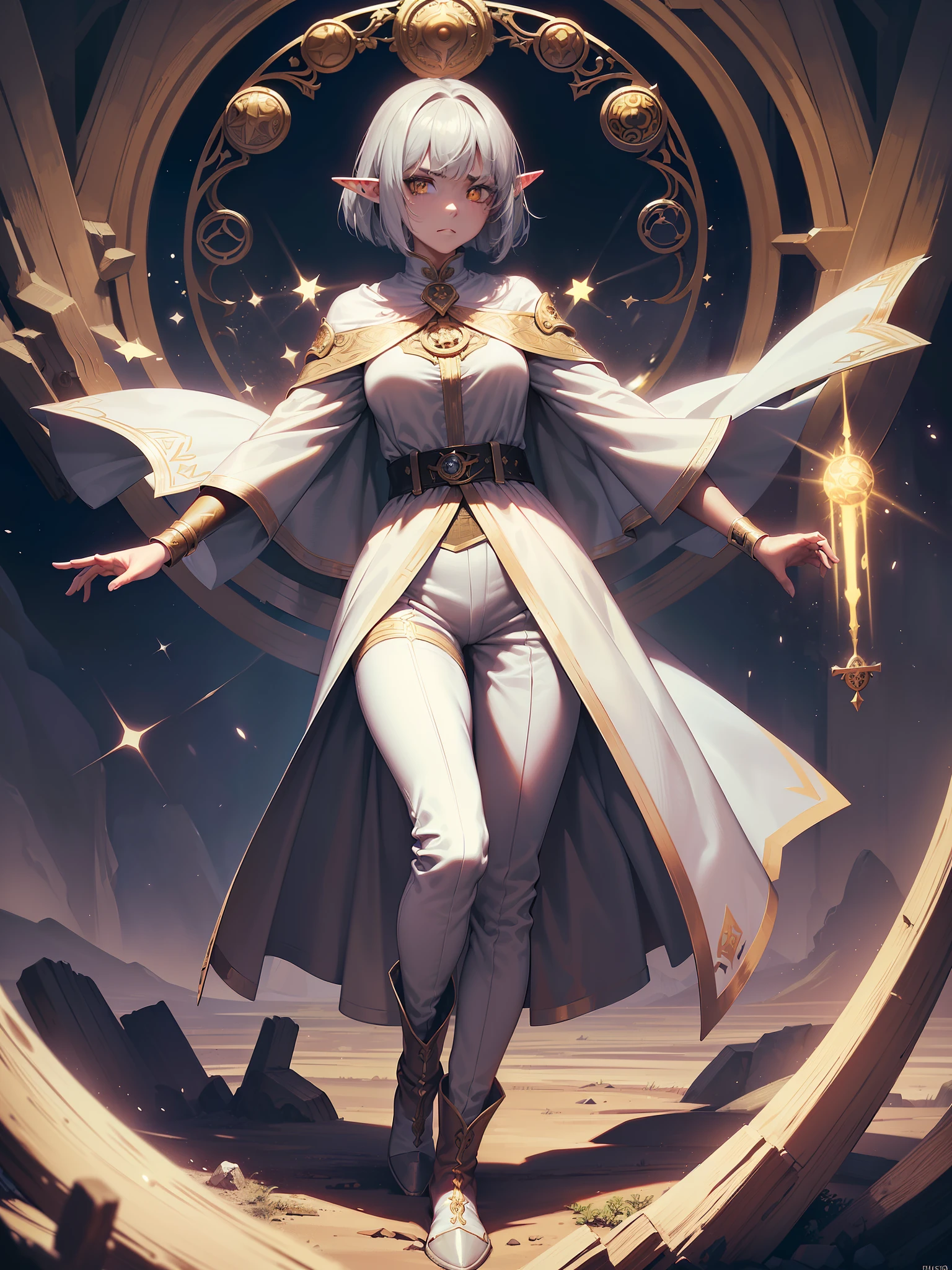 (full body shot:1.3),,((((masterpiece))), (best quality))), ((ultra-detailed)), (cinematic lighting), (illustration), (beautiful detailed eyes), (adult, 1girl:1.3), (hielf, elf, elven ears:1.35), depth of field, (((masterpiece, high quality, high resolution, detailed background, detailed eyes, good eyes, frowning, serious, fog, pose, magic aura, good anatomy, dreamy))), (beautiful face, thin, thin, medium breasts:1.2), straight hair, disheveled hair, (Bob Cut: 1.3), Kingsglaive clothing, (fantasy adventurer costume, white military cloak, red accents, fantasy outfit, pants, boots),Adventurer's clothes, Glowing eyes, (gray hair:1.3), (yellow eyes), glowing magic particles, background of ruins, (use of dark magic:1.4), chaos magic, (absurd, high resolution, ultra detailed),finely detailed eyes and detailed face, fool \tarot\, bard, Clown, Symbolism, Fine Arts, Occultism, Universal, Casting Vision, Philosophical, Iconography, Numerology, Popularity, Artistic, Alphonse Mucha