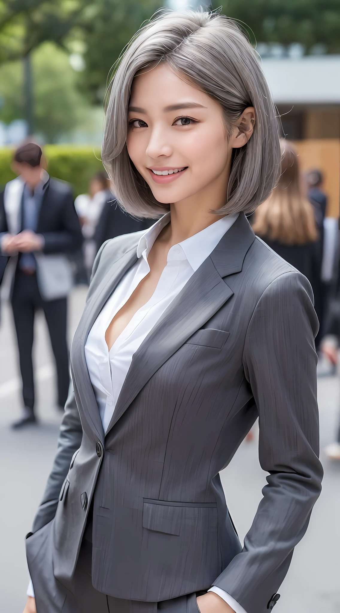 ((Best quality, 8k, Masterpiece: 1.3)), Sharp focus: 1.2, A woman (((50 years)) beautiful, smiling, elegant, ((gray hair)), perfect eyes, with perfect body: 1.4, Thin abdomen: 1.2, ((Layered haircut)), (Thin and damp button up to shirt length: 1.1), (Elegant black suit), (Rain, Street: 1.2), Wet body: 1.1, Highly detailed facial and skin texture,    Detailed eyes, Double eyelid, tanned skin, elegant, tanned