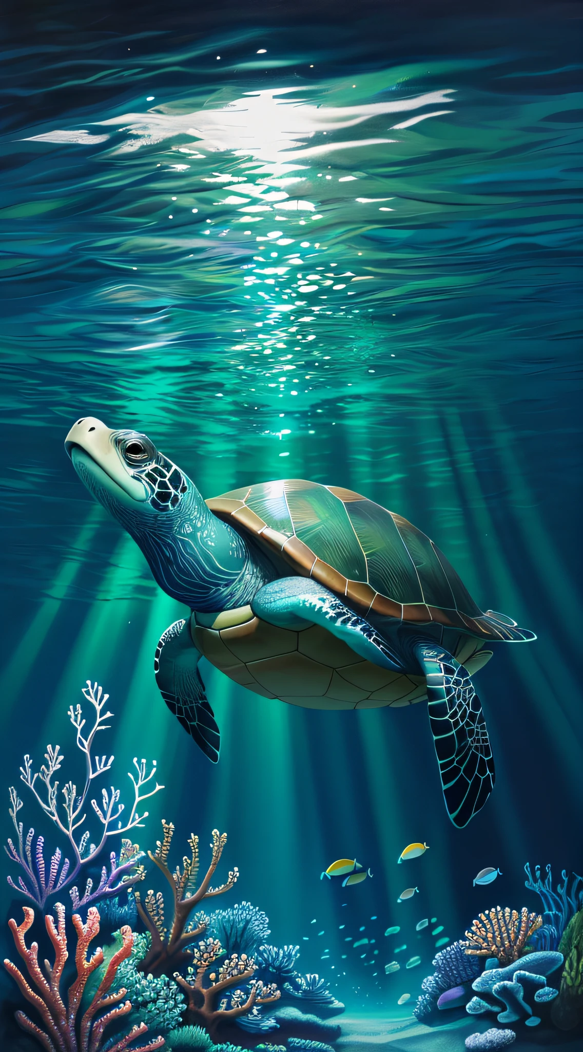 Swimming from right to left of the figure, full body photo, 100-year-old turtle, underwater, sea, digital painting, round eyes, wrinkled elder face, arms open, swimming, brown shiny carapace, taken from the top of the turtle's back, face facing the direction of swimming, soft light, (coral swimming tropical fish), analytical art, detailed painting, bioluminescence, iridescent, octane,