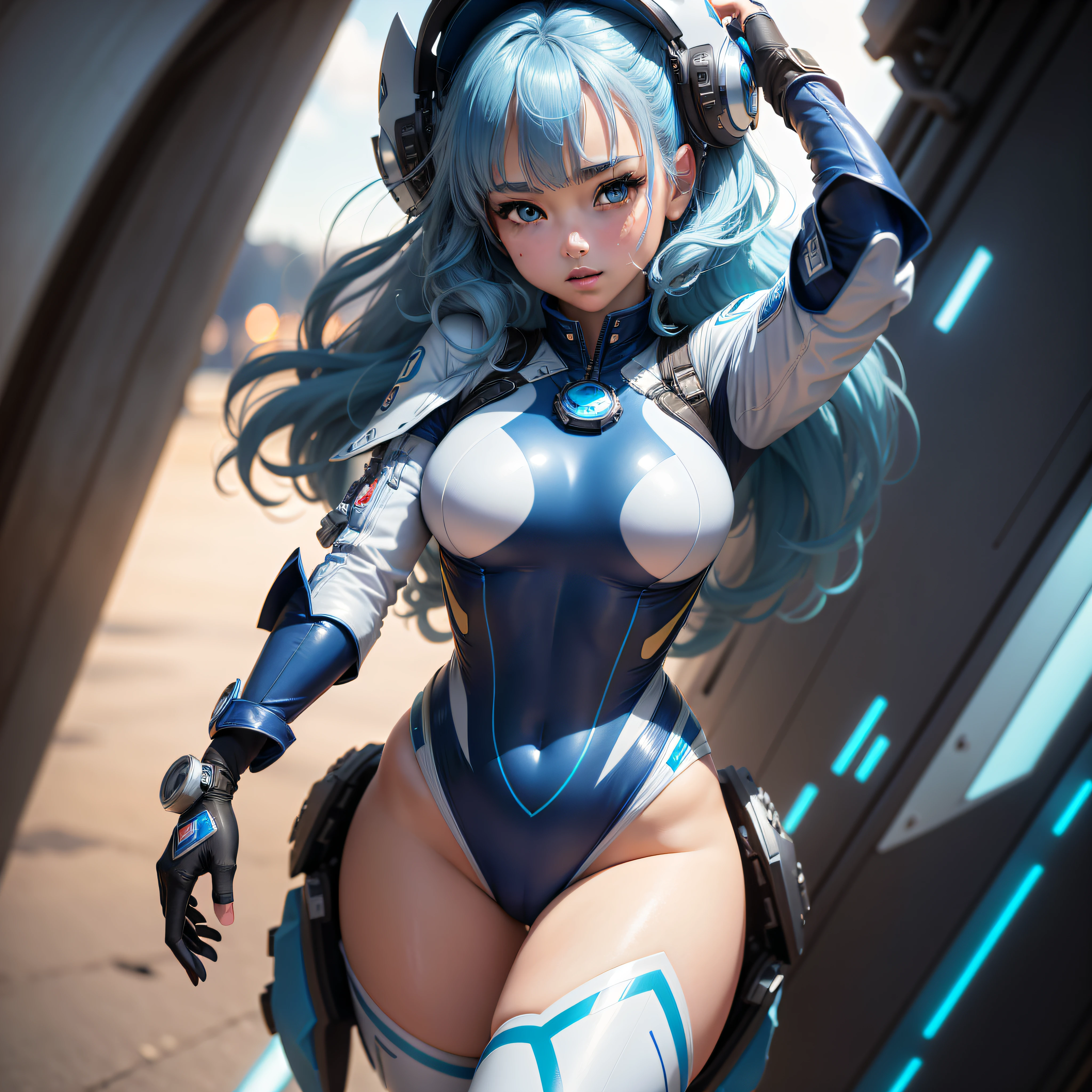 (Super elaborate CG Unity 8K wallpaper, masterpiece, highest quality): (Solo girl, solo, Japan face, 1 girl, sparkly blue colored eyes, blue hair, white and blue color flight suit, tight fit clothes, clothes that cover the whole body, beauty, gentle expression)