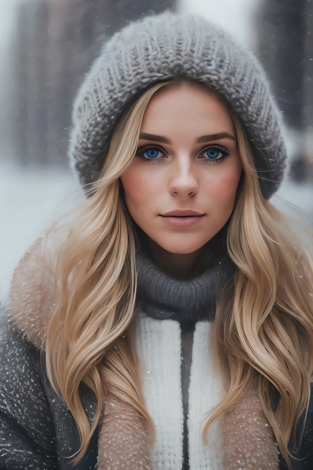 professional portrait photograph of a gorgeous Norwegian girl in winter clothing with long wavy blonde hair, sultry flirty look, (freckles), gorgeous symmetrical face, cute natural makeup, wearing elegant warm winter fashion clothing, ((standing outside in snowy city street)), stunning modern urban environment, ultra realistic, concept art, elegant, highly detailed, intricate, sharp focus, depth of field, f/1. 8, 85mm, medium shot, mid shot, (((professionally color graded))), bright soft diffused light, (volumetric fog), trending on instagram, hdr 4k, 8k
