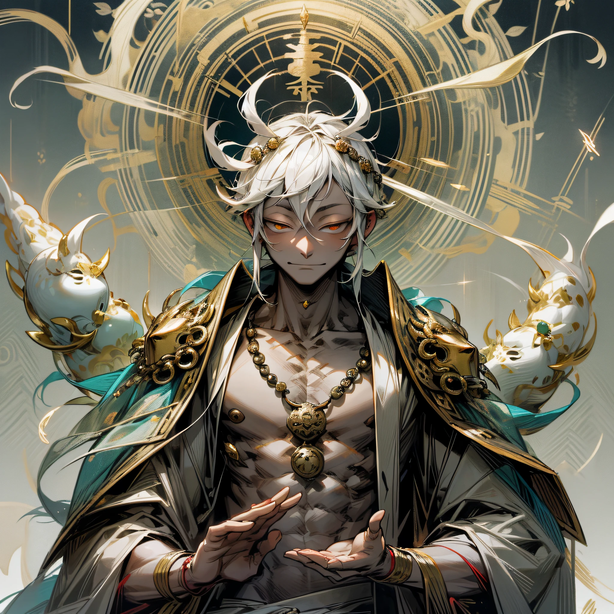 Nichimanga style, Buddha beads, Buddha, Zen ZEN, a man with a mask of Buddha, unruly expression, delicate face, wearing a kimono, surrounded by angels, with lightning on his body, and a divine dragon behind him