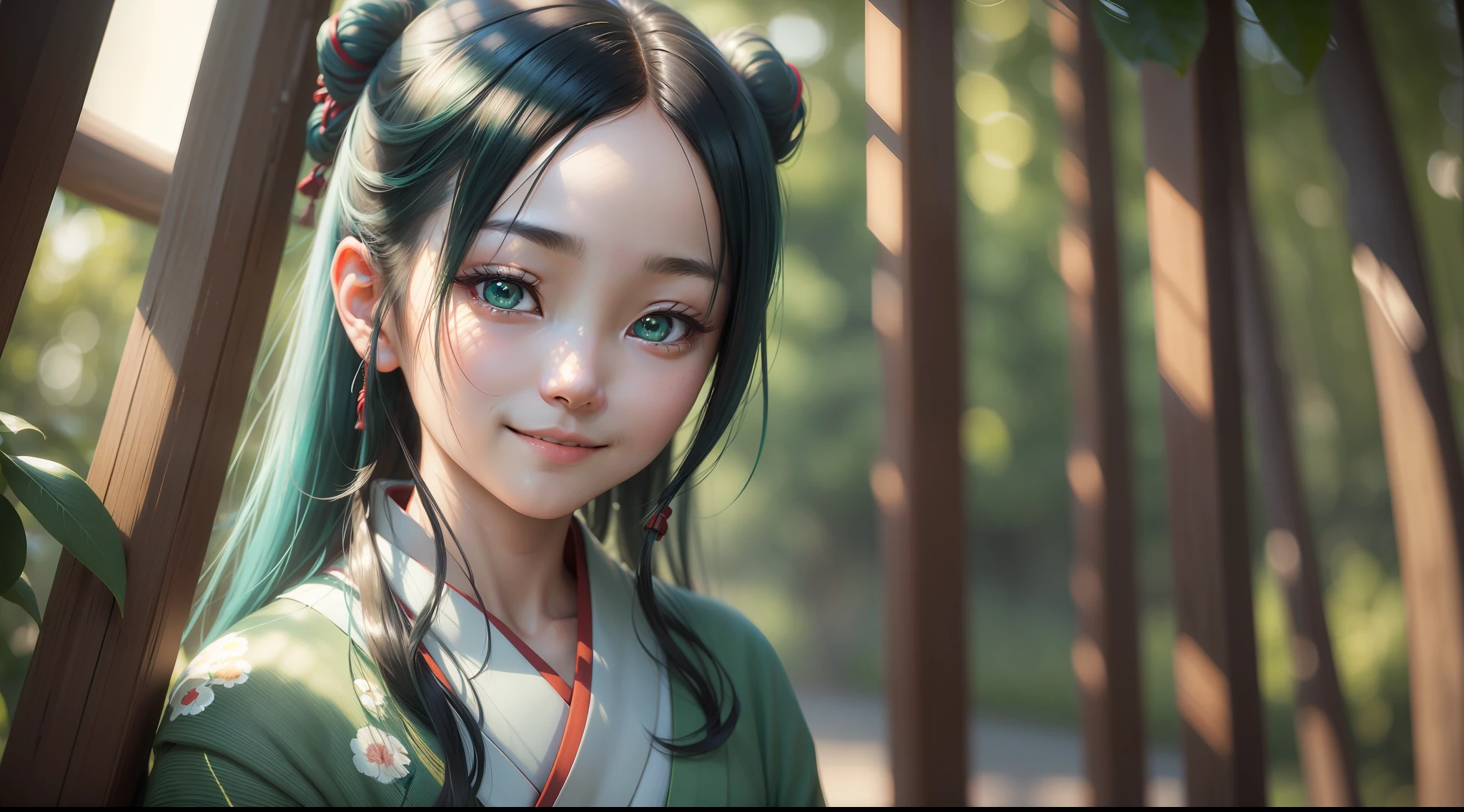 A Japanese girl, on the right side of the frame, Japanese kimono, long legs, hands behind her back, (Realism: 1.4), (Masterpiece: 1.3), facing the camera, smiling, aqua green eyes, grinning, floating hair, close-up, 4K, realistic lighting, ultra high definition, shadows, blurred background, clean, 3d.