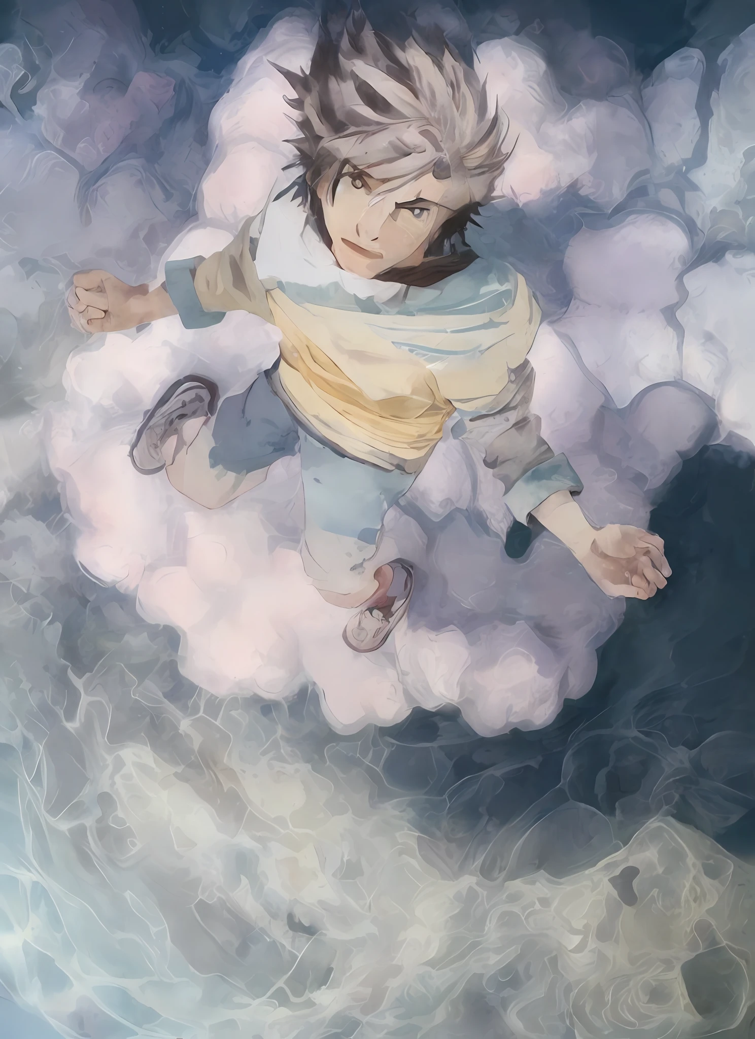 anime - style image of a man flying through the air with clouds, makoto shinkai cyril rolando, makoto shinkai. digital render, anime still film anime shikishi, in style of makoto shinkai, makoto shinkai. —h 2160, makoto shinkai art style, makoto shinkai!!