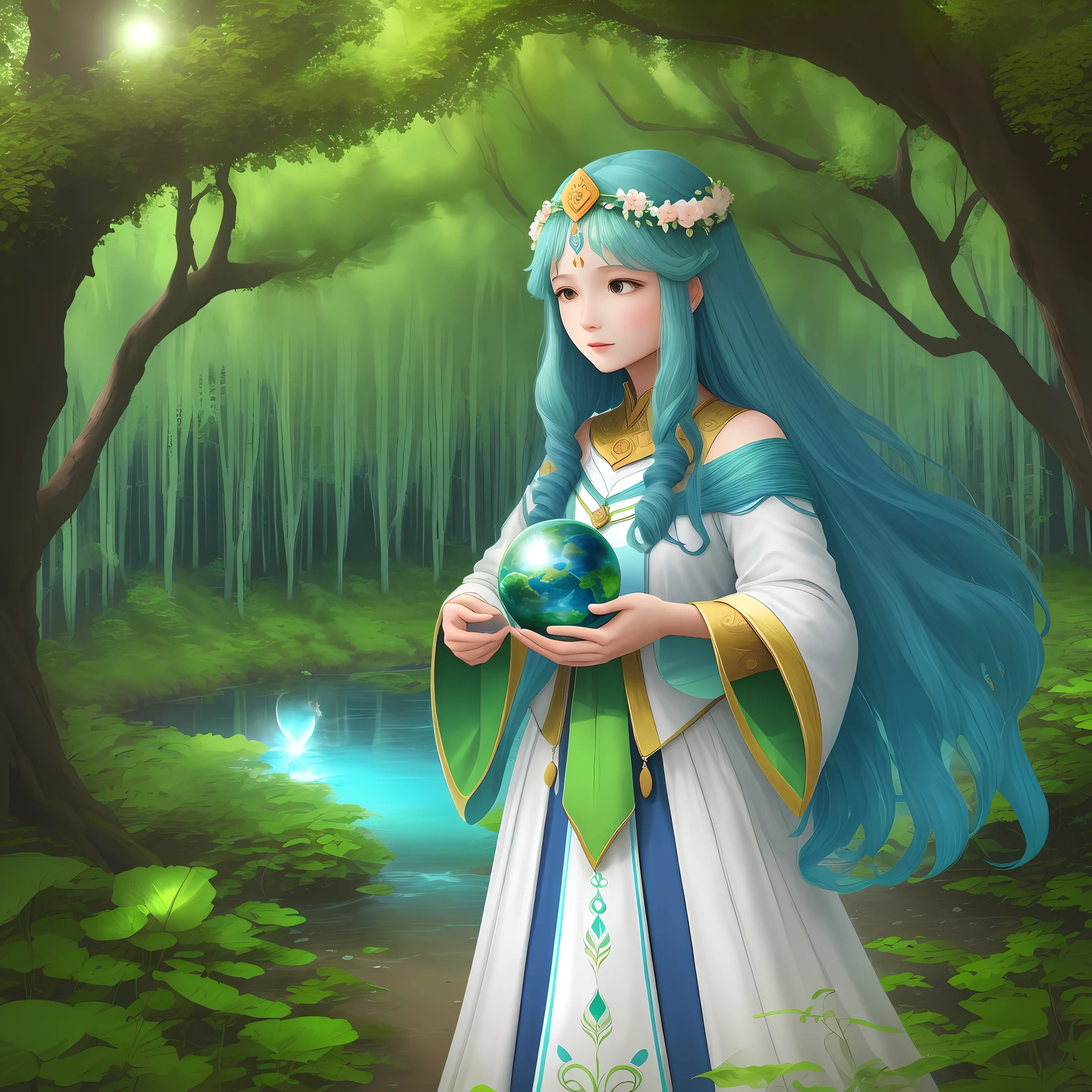 Mother Earth is a majestic and gentle being who displays boundless wisdom and compassion. Her figure is tall and elegant, like a majestic mountain, exuding a quiet and stable power. Her skin is like smooth earth, flowing with green grasslands and blue rivers. The body is covered with a colorful and gorgeous flower, which exudes a fresh and fragrant fragrance. The top of her head is covered by a vibrant forest, wooded and singing birds. In this forest, trees are chained in a loop, symbolizing the cycle and connection of life. Her eyes were bright and gentle, radiating wisdom and love. She holds a shimmering blue crystal ball in her hand, representing clear rivers and lakes, symbolizing her protection and protection of water sources. The voice of Mother Earth is like the chirping of birds in the morning, beautiful and pleasant. She calls the names of all things in loving language, giving warmth and guidance to life. A flock of colorful butterflies and splendid flocks of birds flew around her, as if part of her body extended, symbolizing her close connection and harmonious symbiosis with all living beings in nature. The existence of Mother Earth is a solemn tribute to life, she is the guardian of the environment and the source of life, making people feel her strength and beauty, inspiring people's sense of responsibility to protect the earth and love nature. Her image is deeply awed and leads humanity towards a future of sustainable development and harmonious coexistence.