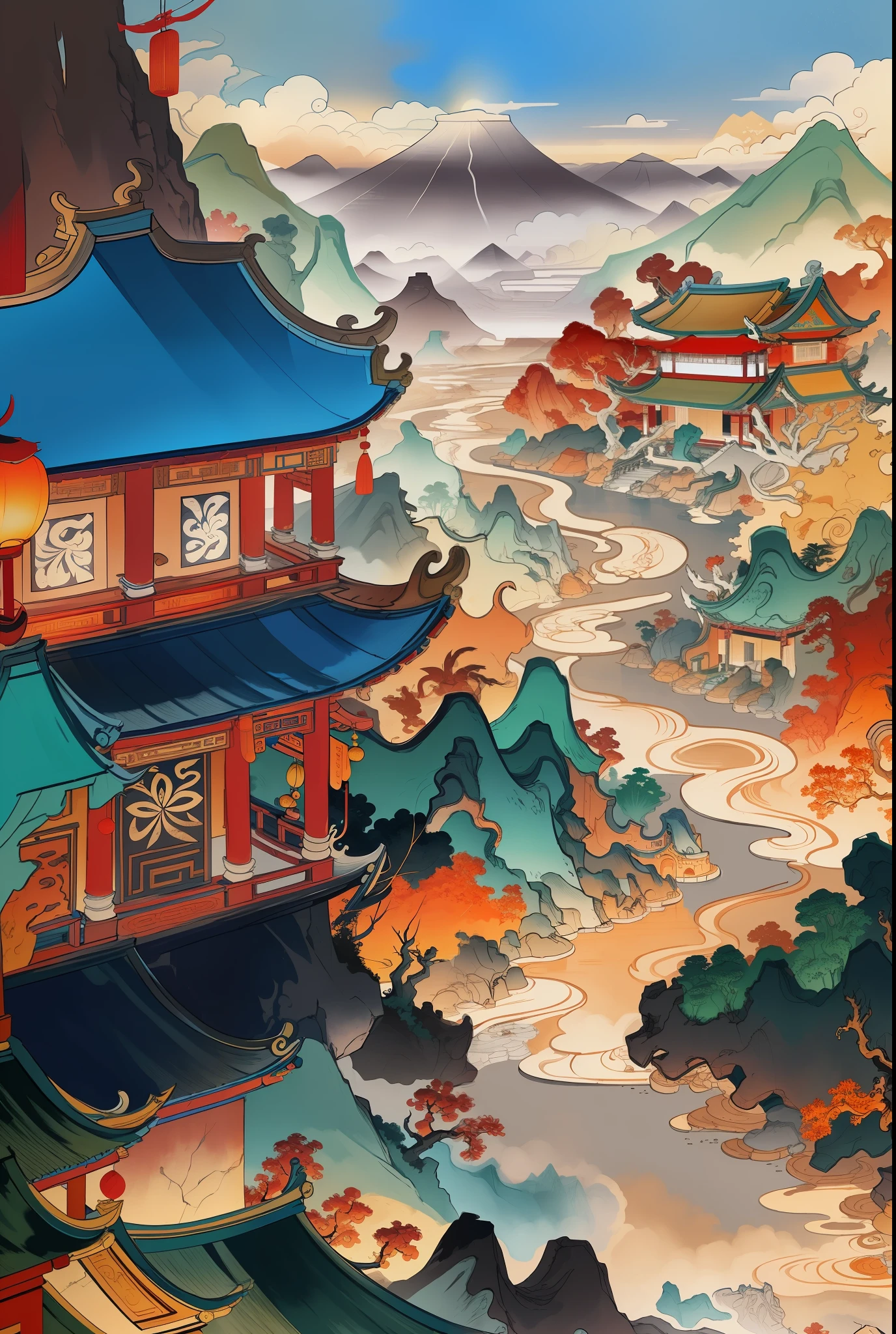 Ancient Chinese landscapes, ancient buildings, pavilions, carved beams and painted buildings, beautiful mountains and rivers, inspired by Jin Yong martial arts, sunlight, ink painting style, clean colors, decisive cutting, blank space, freehand, masterpiece, super detailed, epic composition, high quality , highest quality, pixar style, oversaturated, surreal, artgerm --v 6