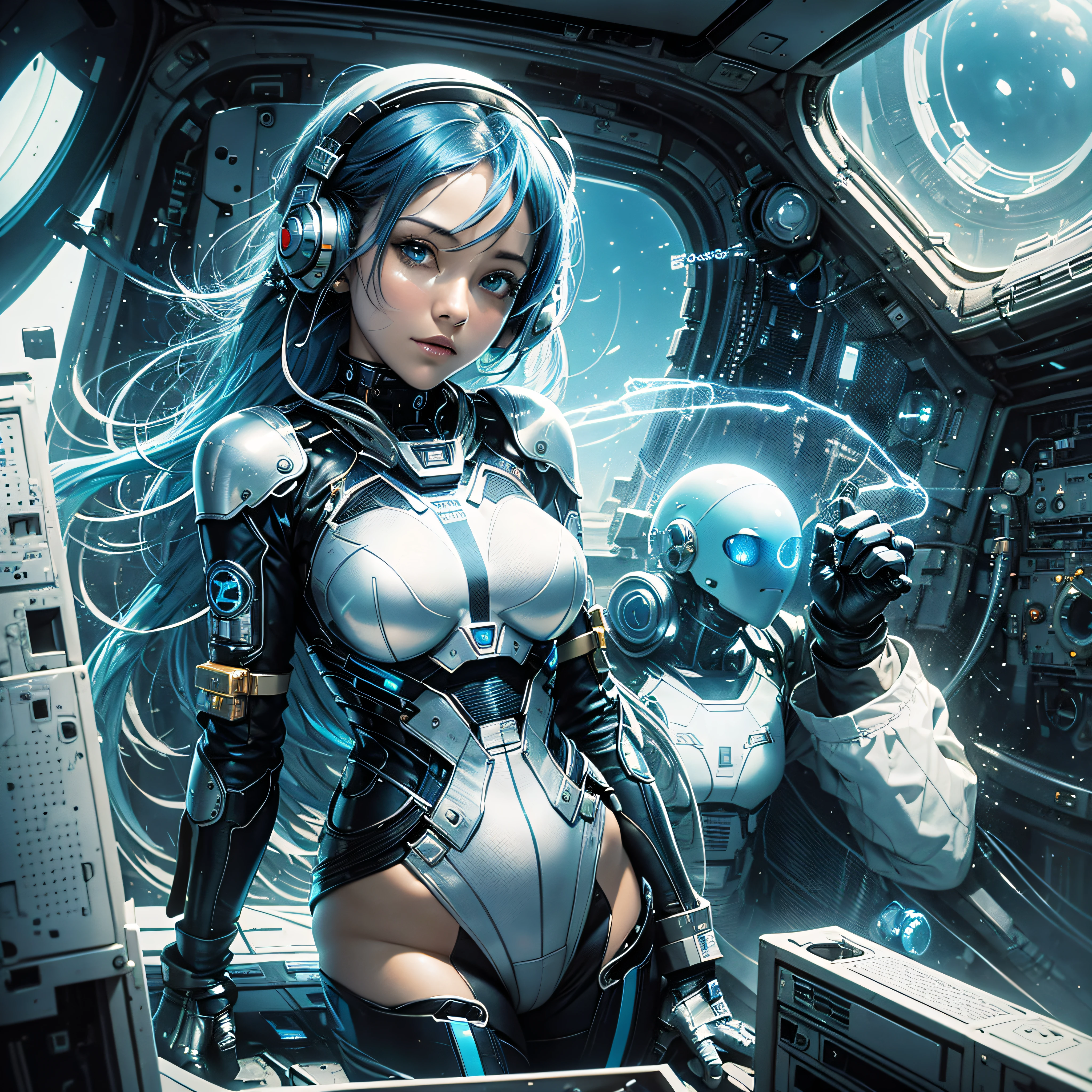 Full body, blue hair, blunt van, masterpiece, top quality, official art, album art, very elaborate CG Unity 8K wallpaper, lone girl, Japan girl, full body, super high resolution, (photorealistic: 1.4), dynamic angle, dynamic pose, mystical power, floating particles, reflection, so cute, sparkling blue color eyes, golden hour lighting, Pilot suit in white and blue and black colors, tight fitting clothes, full-body covering clothes, knee boots, (puffy eyes), viewer looking, front-facing, beauty, medium breasts, shirt lift, metal wire, slim body, arm-length gloves, anime heroine, gentle smile, headset, helmet, detailed robot cockpit, super futuristic space