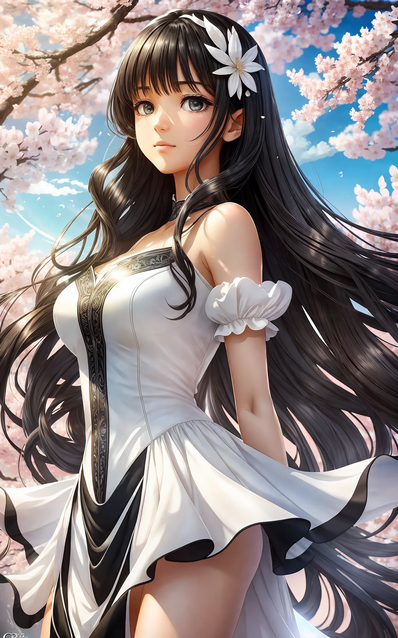 award winning 64k concept art of (black 1girl:1.2) in white majestic open dress standing proudly under sakura tree, posing, epic, god rays, centered, (masterpiece:1.2), (best quality:1.2), Amazing, highly detailed, beautiful, finely detailed, warm soft color grading, Depth of field, extremely detailed 64k, fine art, stunning, iridescent, shiny, (light reflections:1.2), (crisp:1.5), silver curls, wind, vibrant, sunlit, (edge detection:1.2), absurdres, by Oana Befort, impressive, 120mm
