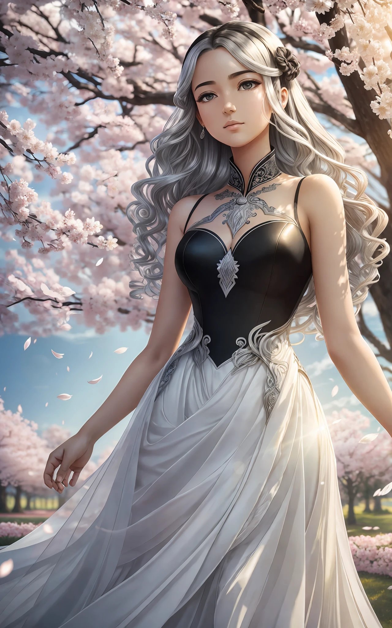 award winning 64k concept art of (black 1girl:1.2) in white majestic open dress standing proudly under sakura tree, posing, epic, god rays, centered, (masterpiece:1.2), (best quality:1.2), Amazing, highly detailed, beautiful, finely detailed, warm soft color grading, Depth of field, extremely detailed 64k, fine art, stunning, iridescent, shiny, (light reflections:1.2), (crisp:1.5), silver curls, wind, vibrant, sunlit, (edge detection:1.2), absurdres, by Oana Befort, impressive, 120mm