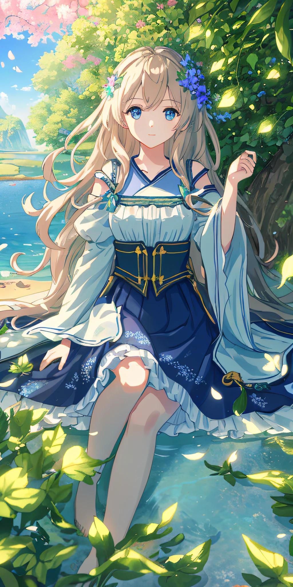 Masterpiece, best quality, (very detailed CG unity 8k wallpaper) (best quality), (best illustration), (best shadows) Nature', blue sea,delicate leaves petals of various colors falling in the air light Tracking, super detailed --v6