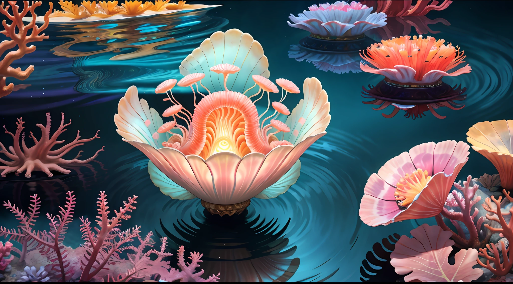 Colorful, master composition, focus on key figures, realism, masterpiece, award-winning, best quality, masterpiece, ultra-detailed, 8K, extremely detailed CG Unity 8k wallpaper, complex, highly detailed, realistic, "under water, intricate details, macro shot glowing jellyfish girl, coral, light bulb, brightness, (neutral color: 1.2), ultra-detailed, cinematic, complex background, huge ocean twisted Mandelbrot fractal shell, golden pearl nacre, hyper detail, ArtStation, Octane Renderer, (Color Acne: 1.3)",