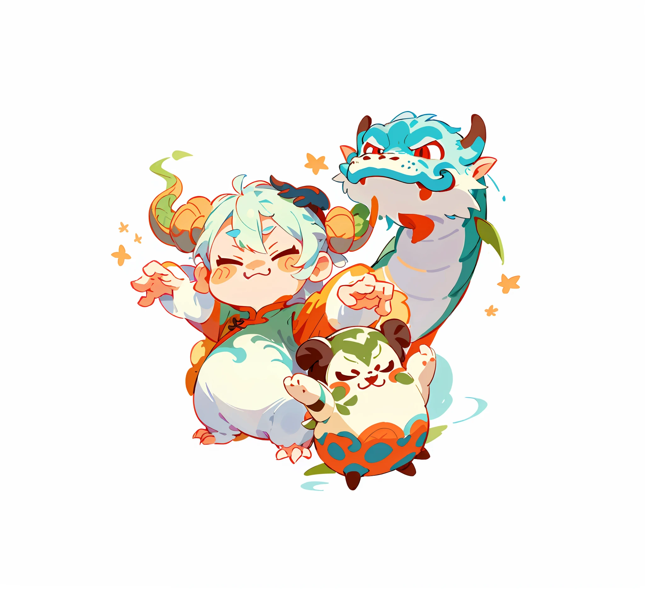 Single sticker, 1 sticker, three little dragons, cute little chinese dragon, chinese dragon, anthropomorphic, dragon lady, white background, no background, simple background, minimal, cute, tiny, pastel color, vector style, no gradient, multiple arrangement, unity, different movements, Studio Ghibli,