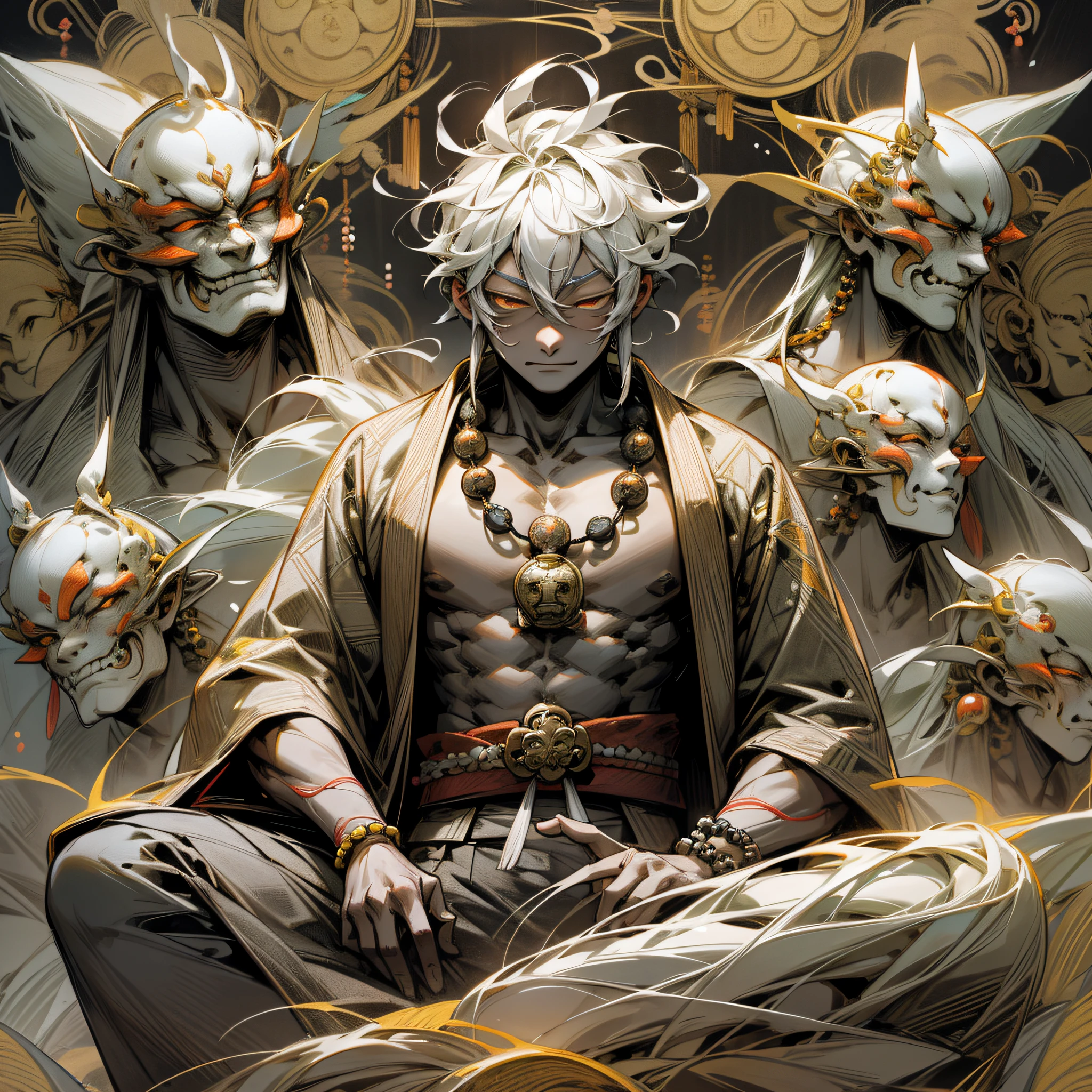 Nichimanga style, Buddha beads, Buddha, Zen ZEN, a man with a mask of Buddha, unruly expression, delicate face, wearing a kimono, surrounded by angels, with lightning on his body, and a divine dragon behind him