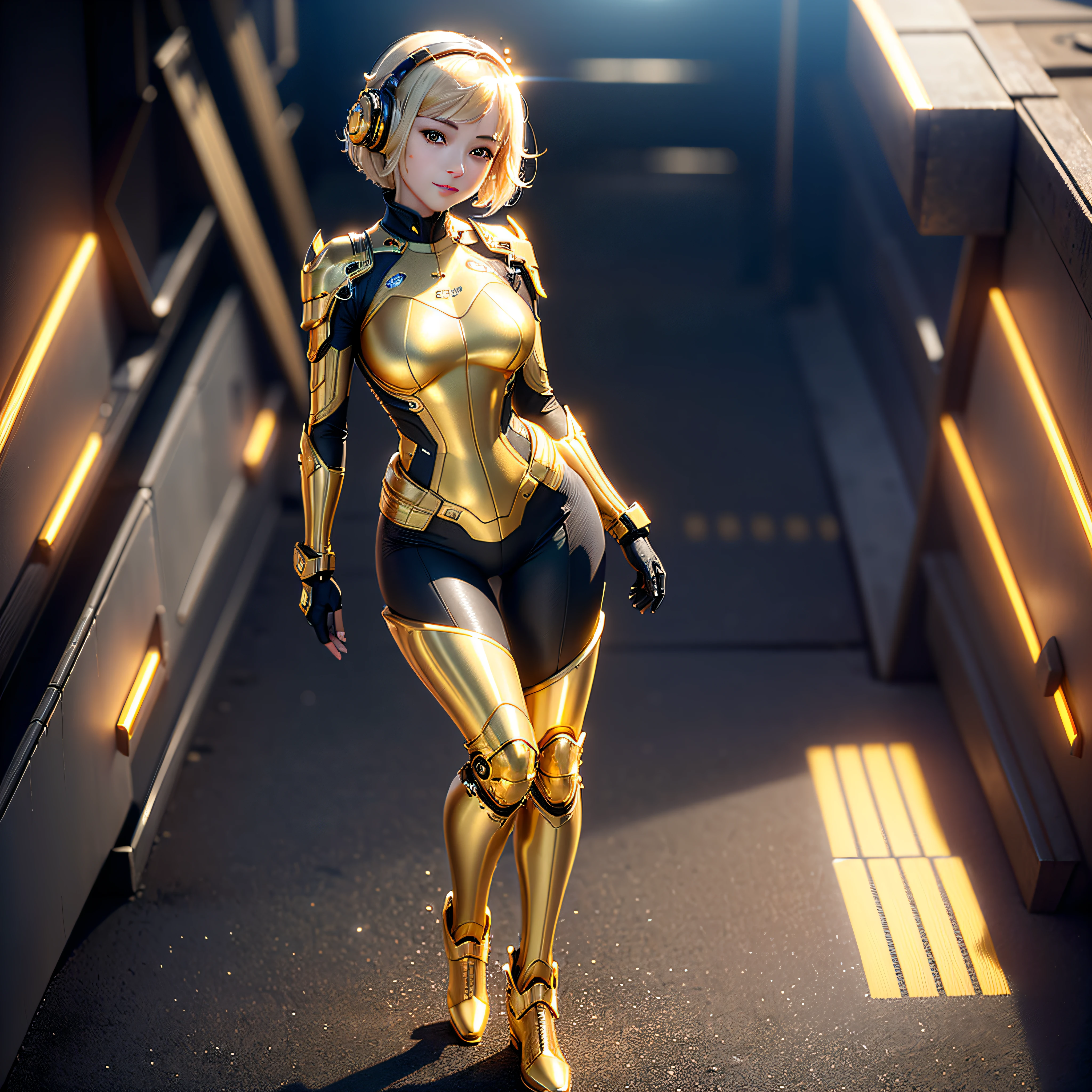 (Masterpiece, highest quality, highest resolution, distinct_image, very elaborate CG, cinematic lighting, ray tracing, drop shadows, detailed detail, (photorealistic: 1.4), high quality textures, fine-grained, realistic face expression): (single girl, face is Japan, girl with golden hair, short hair, small size breasts, Sparkly black color eyes, eye level shots, metallic golden flight suit, tight fit clothes, full body covering clothes, light smile, beauty, slim body, exoskeleton, heroine, headset, long boots, gloves)