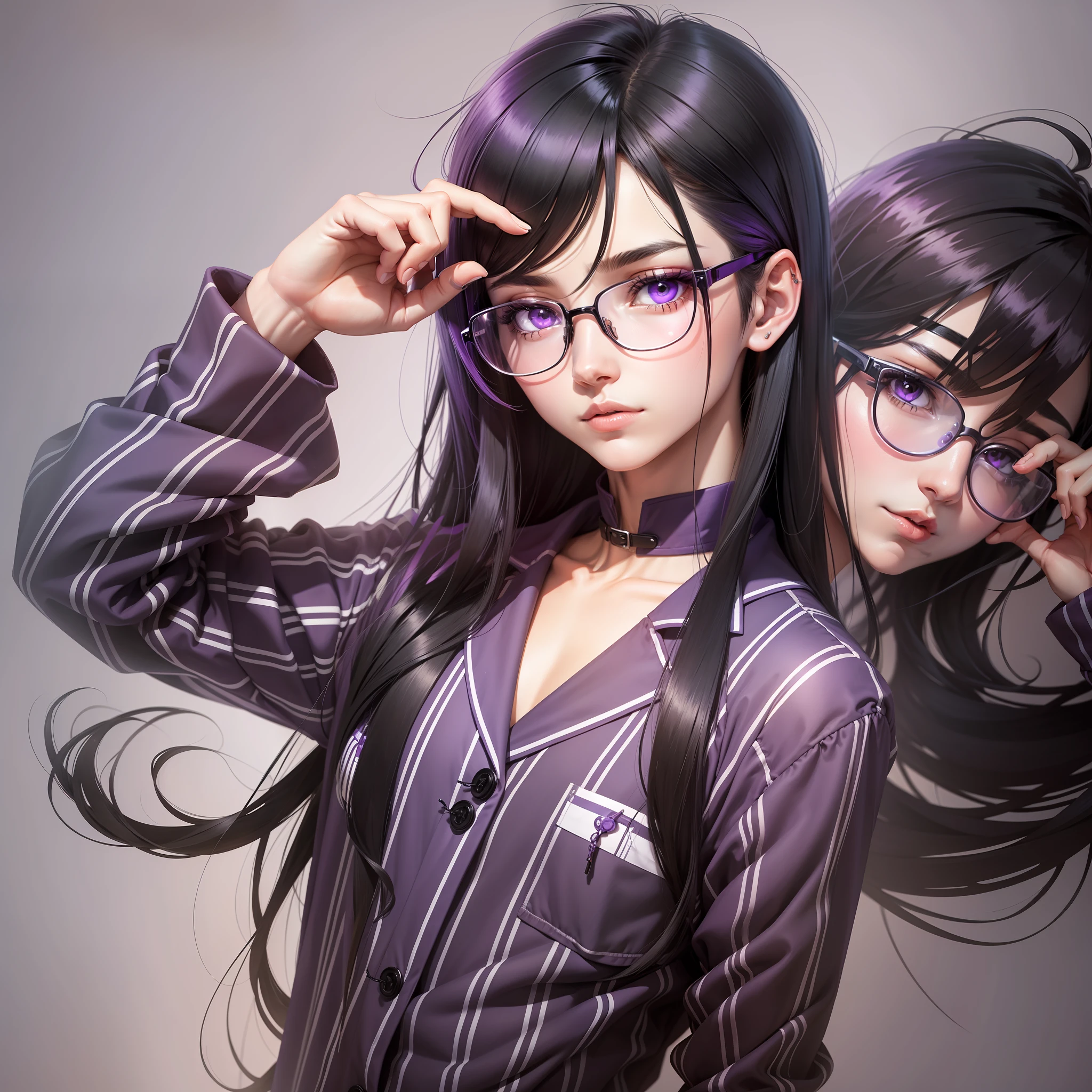 An androgynous figure with long black hair, purple eyes and glasses, wearing striped pajamas, anime art style