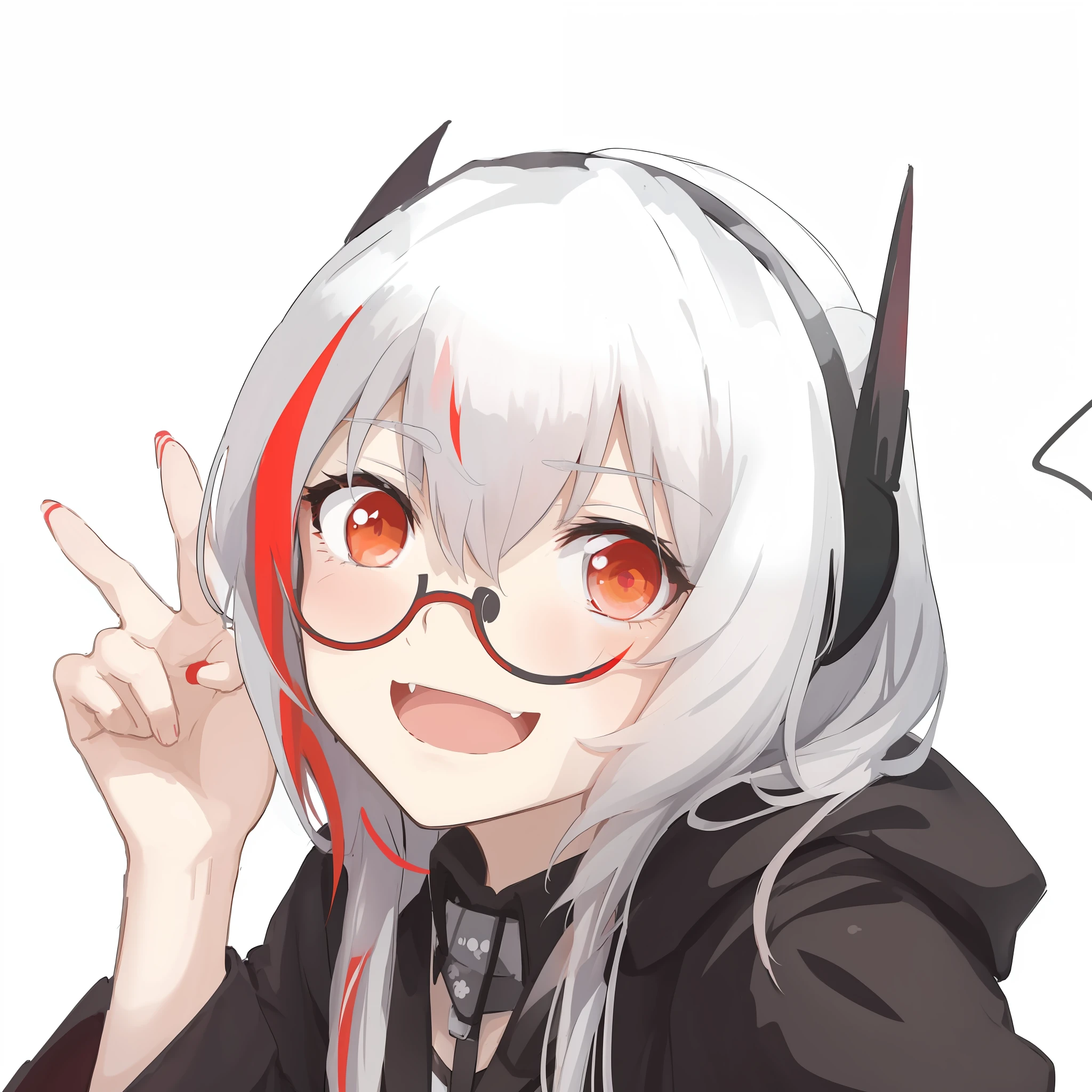 anime girl with red eyes and black jacket holding up a peace sign, nyaruko-san, anime girl with cat ears, neferpitou, with red glowing eyes, demon anime girl, with glowing red eyes, white haired, cute anime face, with index finger, in anime style, anime styled, in an anime style, mika kurai demon