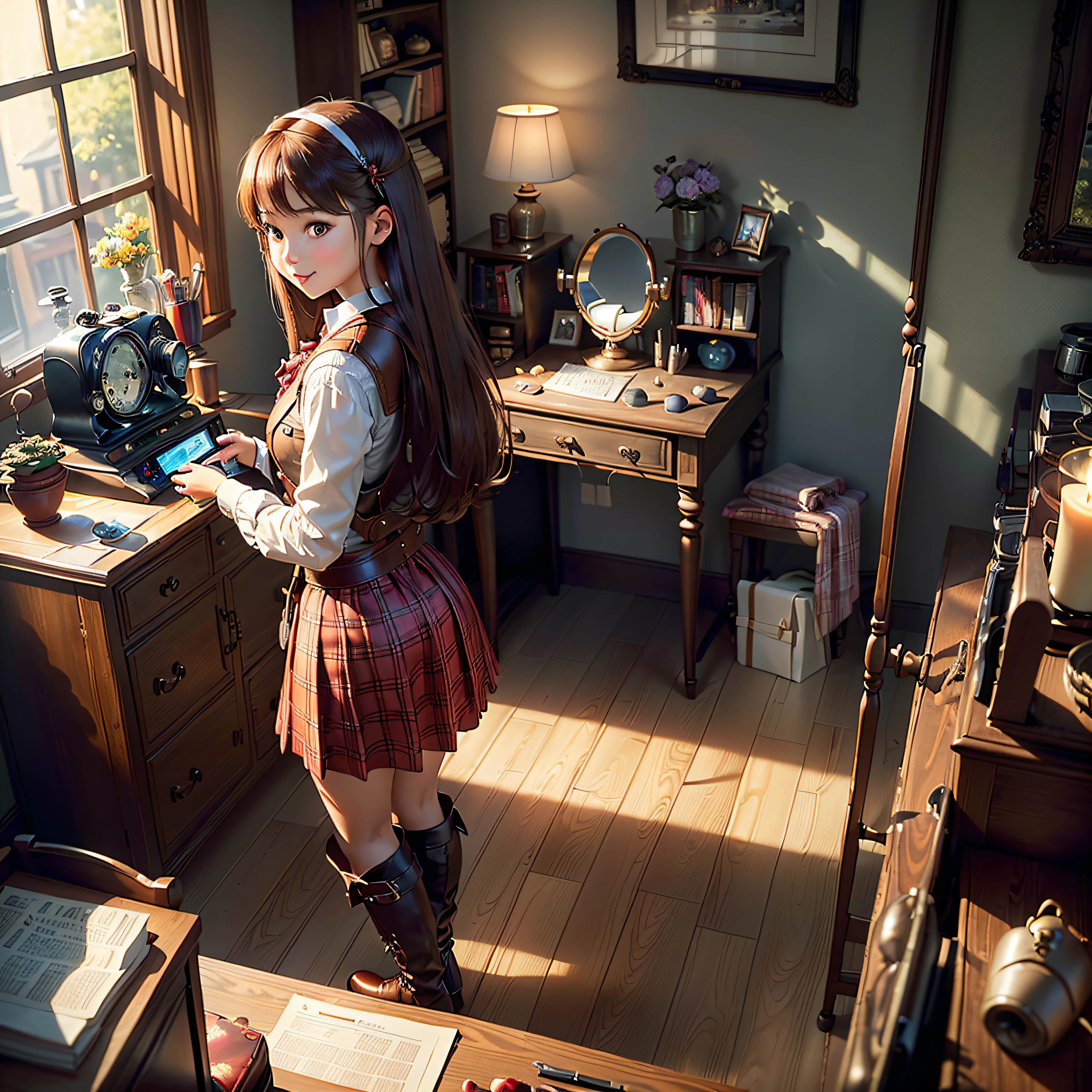(Masterpiece, Best Quality, Best Resolution, distinct_image, Very Elaborate CG, Cinematic Lighting, Ray Tracing, Drop Shadows, Detailed Detail, (Photorealistic: 1.4), High Quality Textures, Detailed, Realistic Face Expression): (Girl Alone, Face Japan People, (Crimson Long Hair: 1.2), Small Size Breasts, Sparkly red eyes, eye level shots, happy smile, beauty, slim body, holiday, own room, console games, computer, display, keyboard, mouse, red checked skirt, white shirt with collar, leather vest, cardian, handgun holder, leather bag on back, long boots, antique radio, coffee, Model Train, Bookcase, Wooden Chair, Pot, Fan, Painting, Stuffed Animal, Tie, Notebook, Stationery, Vase, Photo Frame, Letter, Fountain Pen, Calendar, Lamp, Cushion, Basket, Profile Mirror, Candle, Newspaper, Sweets, Park View Outside the Window, Telephone, Fruit, Telescope, Retro TV)