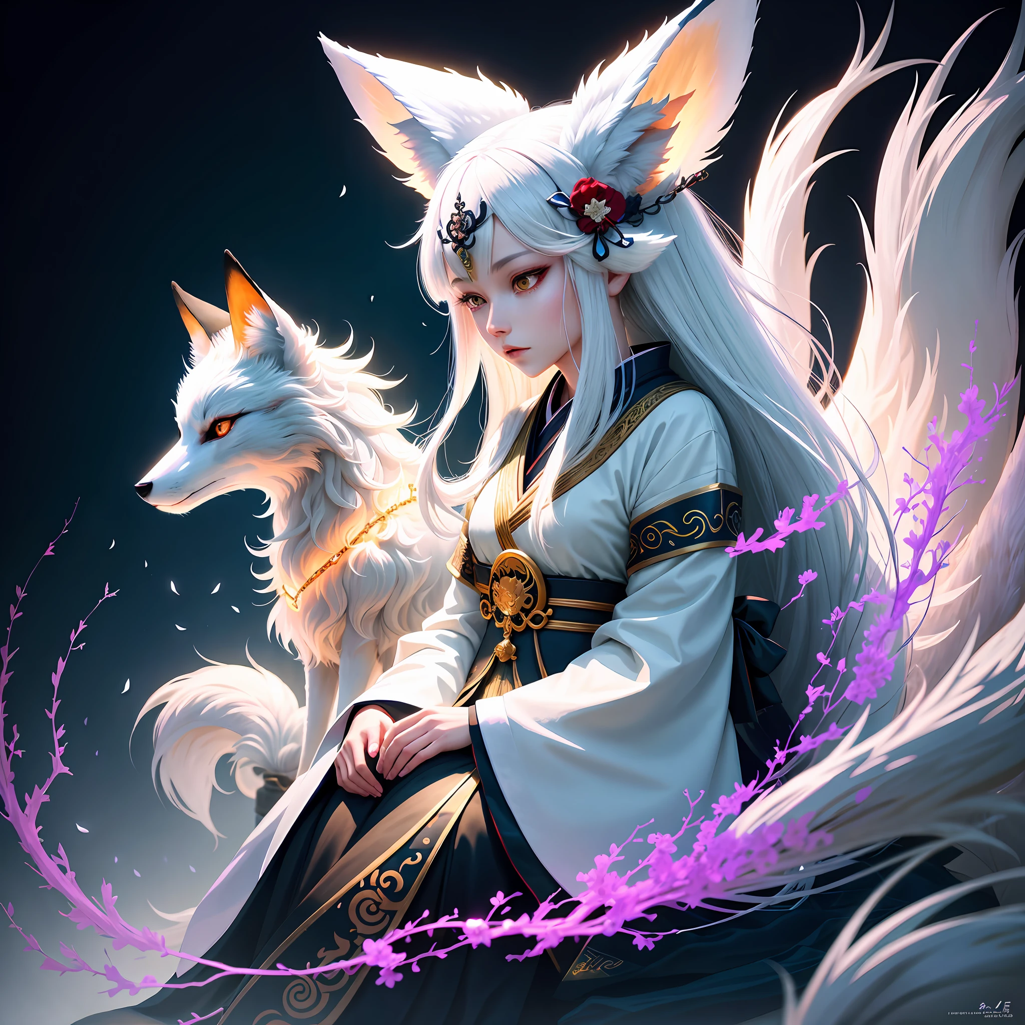 Drawing of a fox with white hair sitting on a branch, ethereal fox, nine-tailed fox, fox three-tailed fox, onmyoji detailed art, nine-tailed, beautiful artwork illustration, mythological creature, fox, beautiful Digital artwork, exquisite digital illustrations, mizutsune, inspired by mythical creatures Wildnet, digital art on pixiv, strong light, high contrast, horror movie theme, dark atmosphere