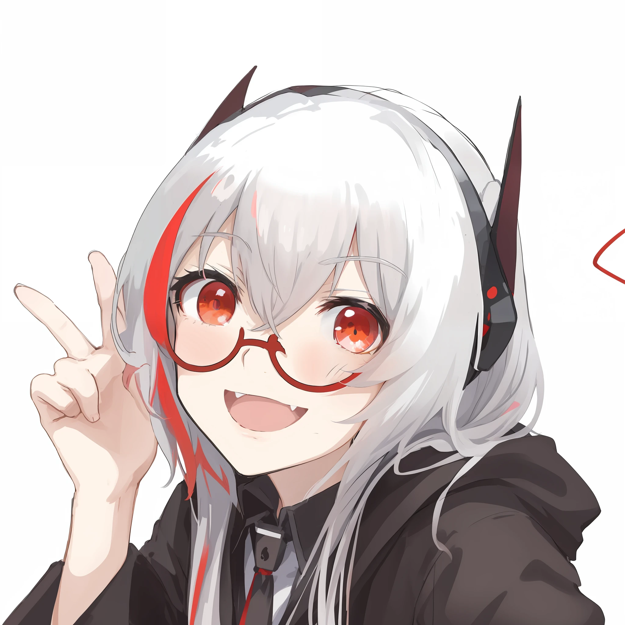 anime girl with red eyes and black jacket holding up a peace sign, nyaruko-san, anime girl with cat ears, neferpitou, with red glowing eyes, demon anime girl, with glowing red eyes, white haired, cute anime face, with index finger, in anime style, anime styled, in an anime style, mika kurai demon