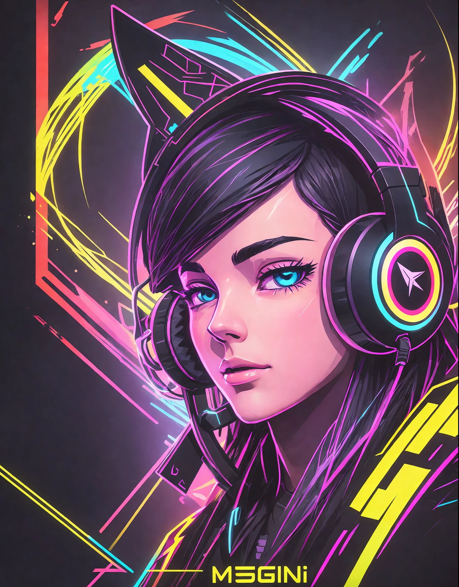 (masterpiece), best quality, explosion of colors, deep black background, young logo with gaming headset, vibrant style, high contrast, sharp details, accentuation in "young logo", emphasizing the design of the headset, professionalism, modern and cool appearance, neon effect.