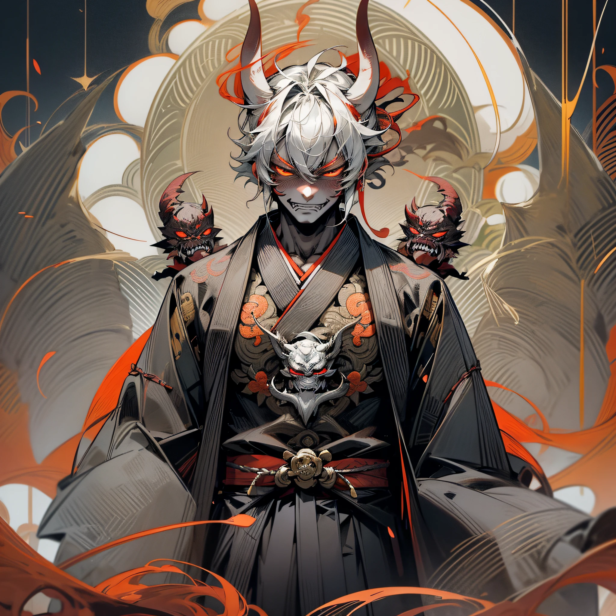 Nichimanga style, oni face, zen zen, a man with a devil mask, unruly expression, delicate face, wearing a kimono, surrounded by angels, with lightning on his body and a divine dragon behind his back