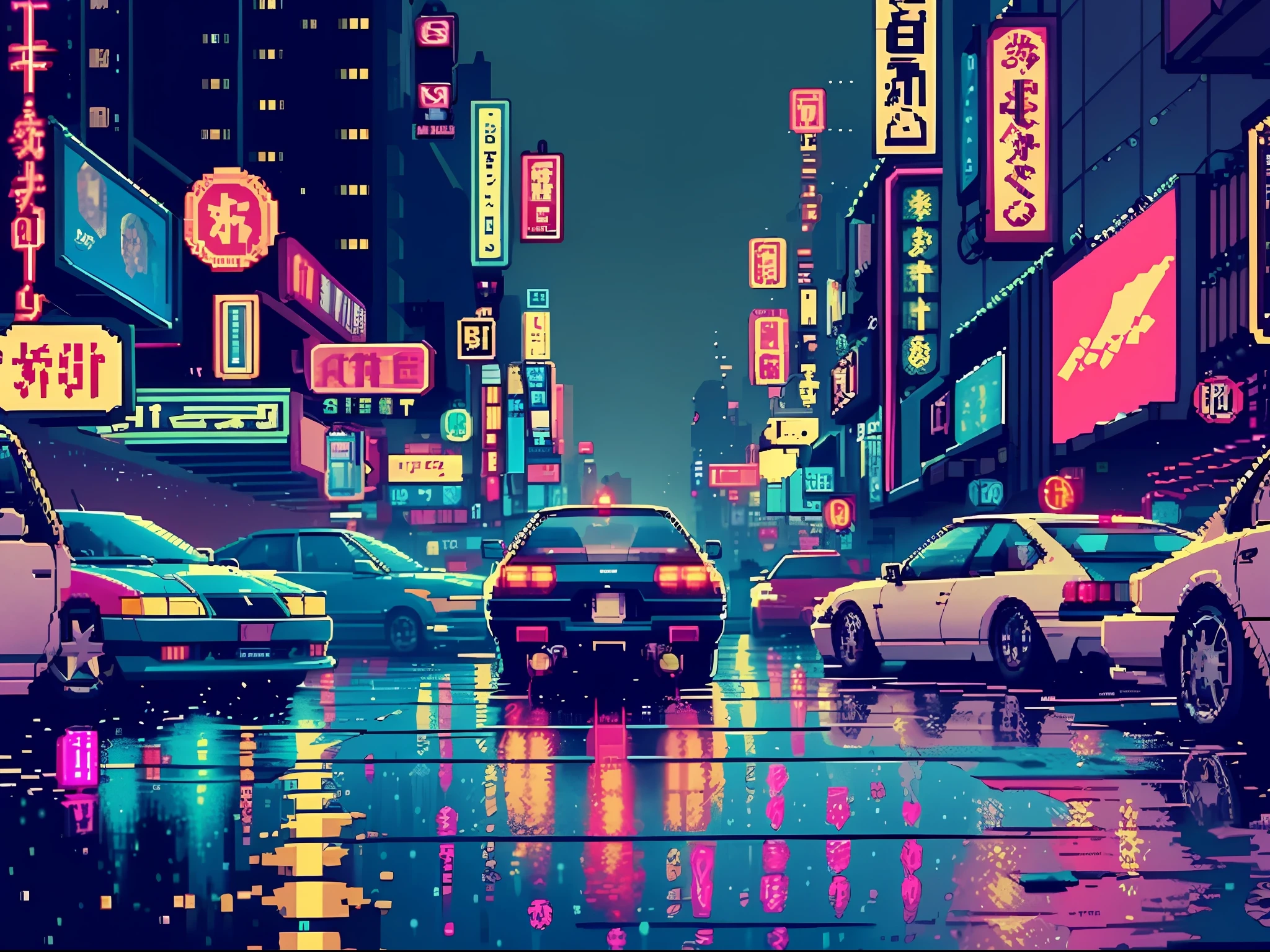 (bokeh effect), (dynamic angle), ((masterpiece)), (streets of tokyo), (zebracross), (raining), (night), empty city, dark, (neon), pixelart, ((pixelated)), cyberpunk, ((16bit)), (retro)