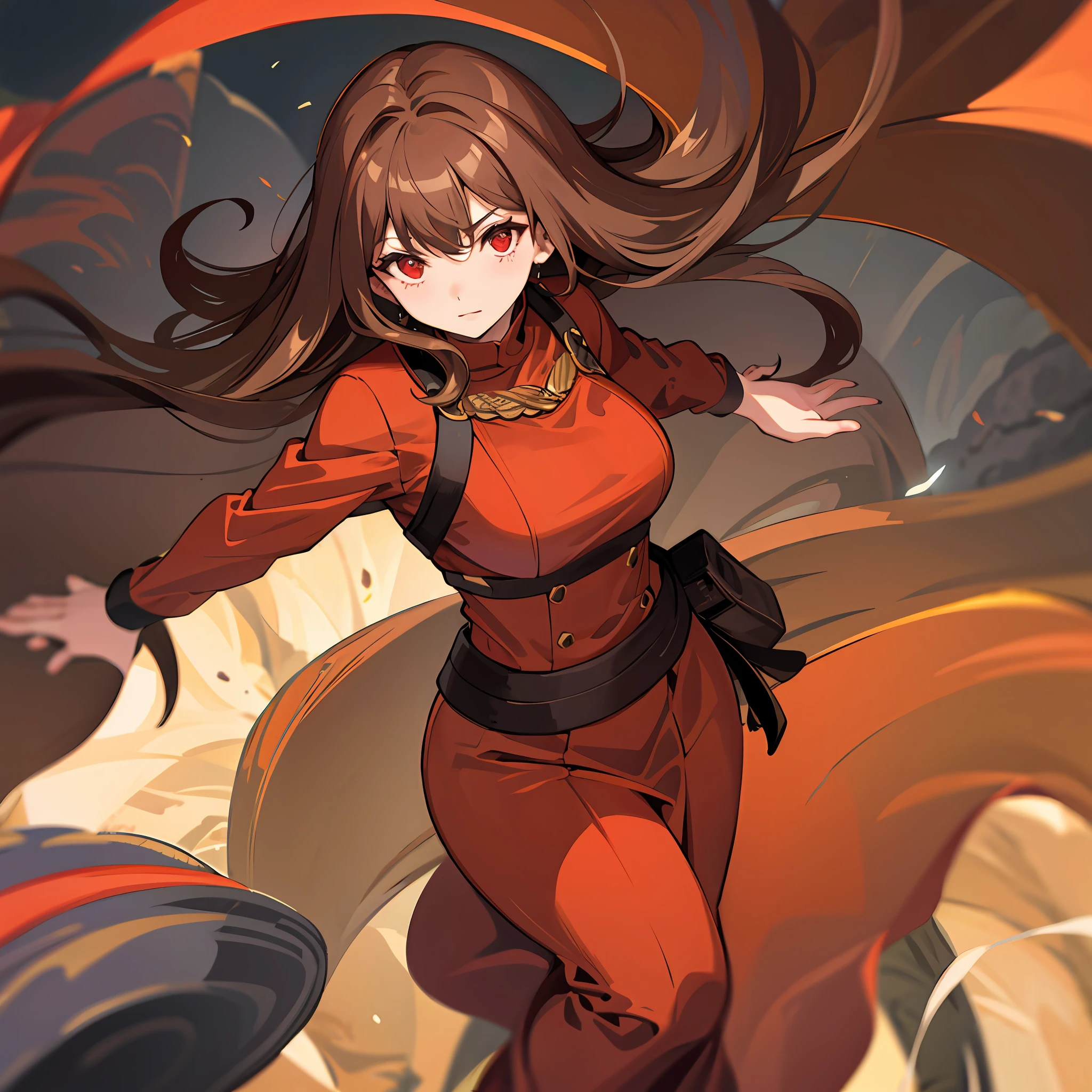 Large woman, 1 woman, red eyes, brown clothes, brown hair, full-length, oak grove