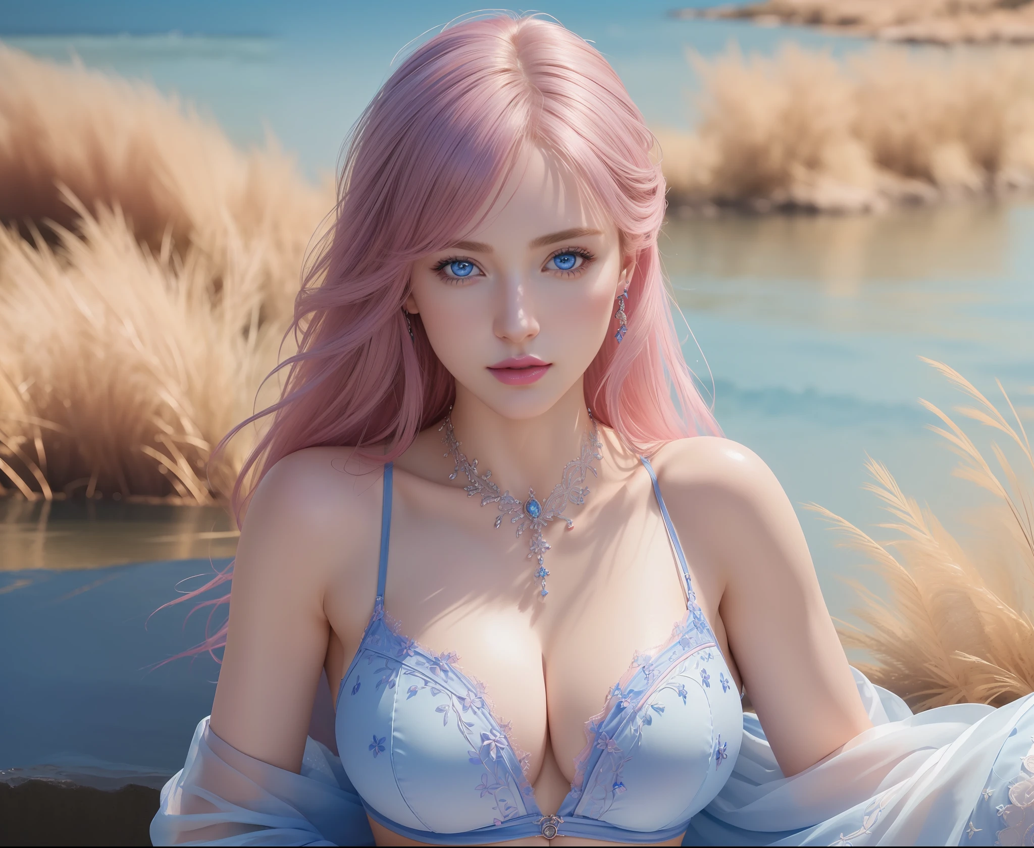 (masterpiece, best quality, extremely detailed 8k, ultra hd, ultra-detailed, highly detailed, highly realistic, ultra-realistic, photo realistic), (1girl:1.5), (detailed realistic skin), (realistic ), (pink lipstick), (realistic blue eyes), slender abs,
