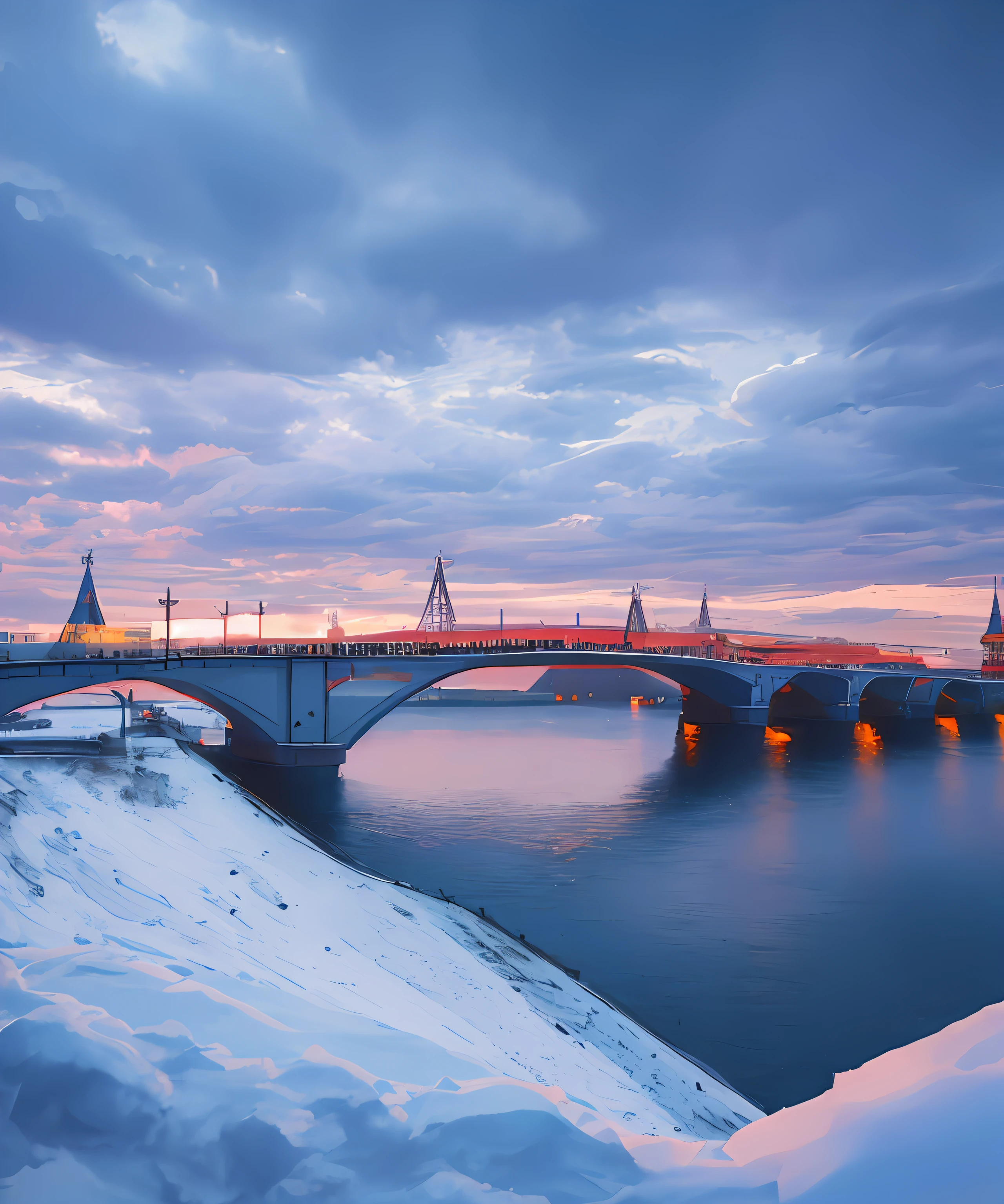 Architecture, Building - Activity, Built Structure, Capital Cities, River, Luzhnetskaya Bridge, on a winter evening, twilight, beautiful sky, clouds, dynamic weather, winter, dynamic colourful details, hyperrealism, hyperdetailed