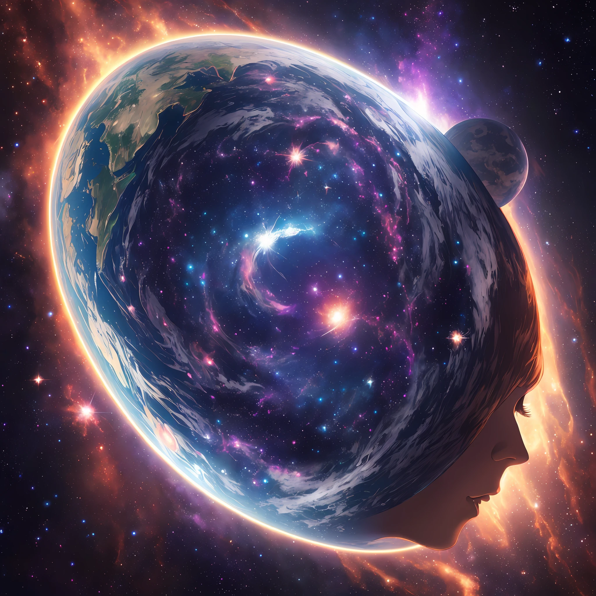 ((REAL))), ((MASTER))), ((BEST QUALITY)), ULTRA-DETAILED CG Unity 8k wallpaper, incredibly detailed and beautiful illustrations, floating, high resolution, dynamic, dark black background, stellar space, big white shining star, colorful planet in cosmic maelstrom, mother earth, woman --auto --s2