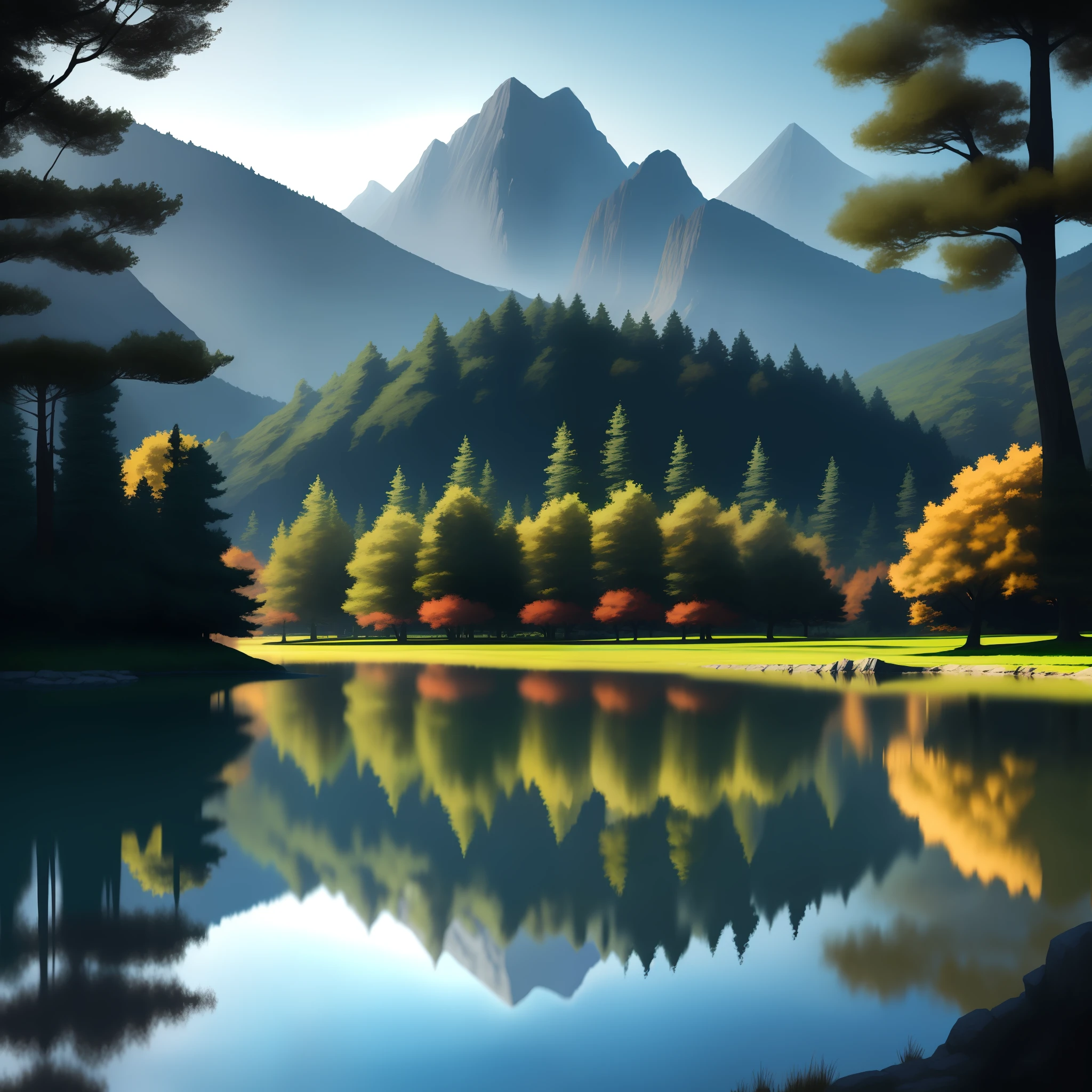 Create an anime-style setting of a shadowy lake.