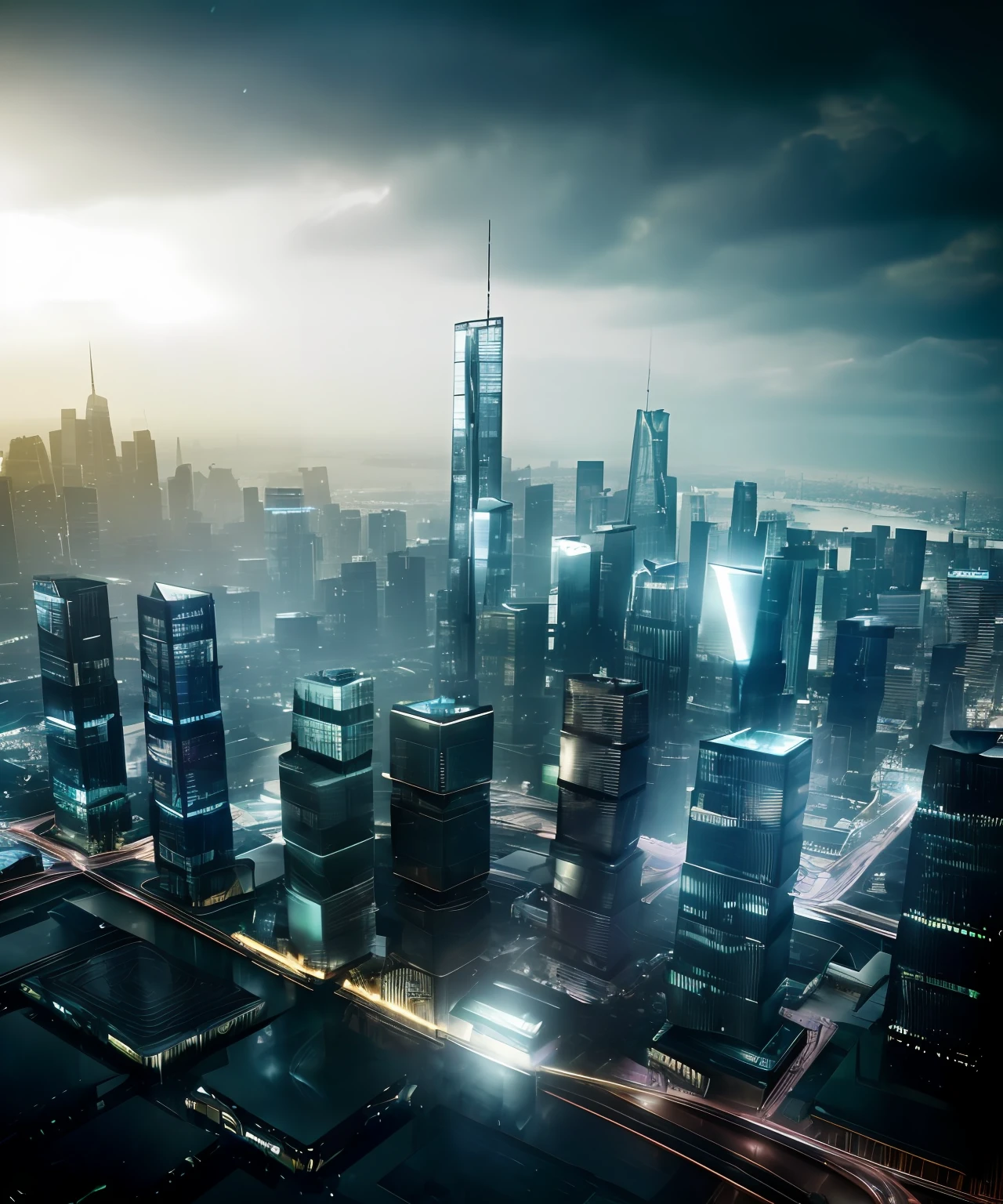 ((masterpiece, best quality)), the view of a big city full of skyscrapers from an ultramodern department at night. photorealistic. cinematic illumination. dramatic illumination. , 8k, modern architecture style, photo realistic, hyper detailed photo, clean sky, ruined city, cyberpunk,night,rain