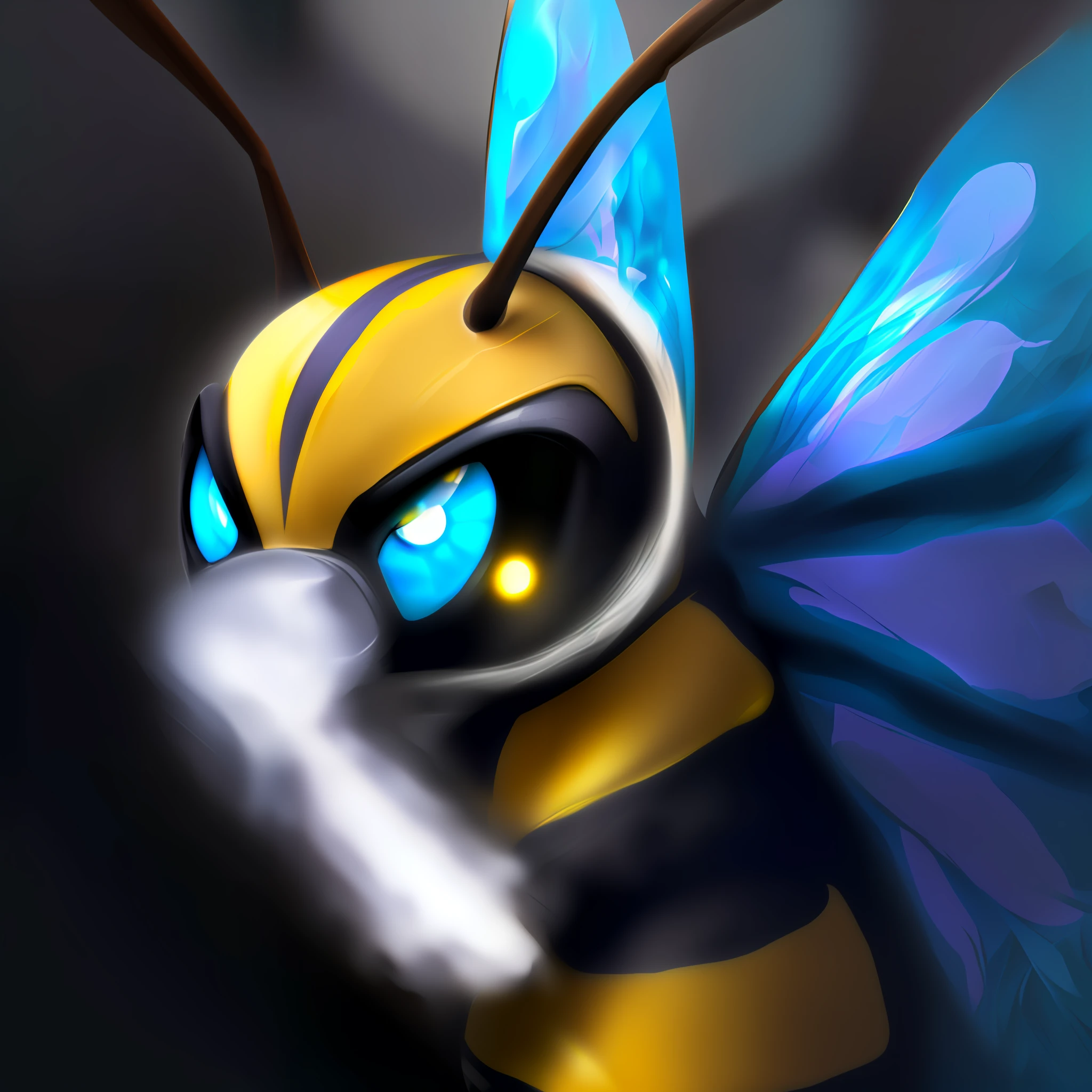 there is a cartoon picture of a bee with a blue and yellow wings, pokemon bee, human structure bee concept art, bee, changelingcore, adorable digital painting, detailed fanart, (bee), fanart, closeup painting of bee, fan art, glossy digital painting, large glowing eyes, bug, rendered art, big glowing eyes, vibrant fan art, 3 d bee