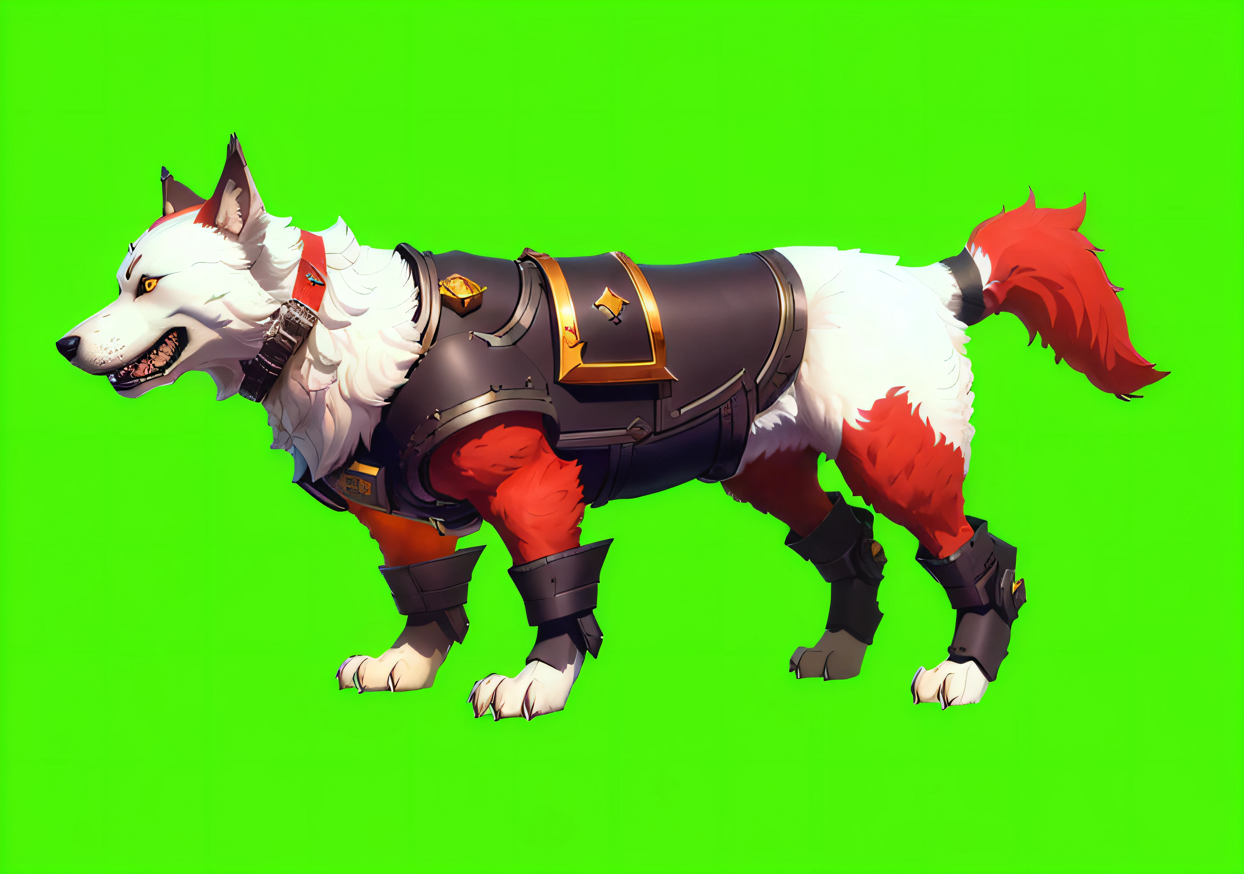 a close up of a dog wearing a leather outfit on a green screen, good boy giant mecha wolf hound, wolf armor, isometric 3d fantasy cute dog, husky in shiny armor, stylised fox - like appearance, kitsune inspired armor, scales skin dog, armored cat, lineless, generic furry style, polycount, stylized concept art