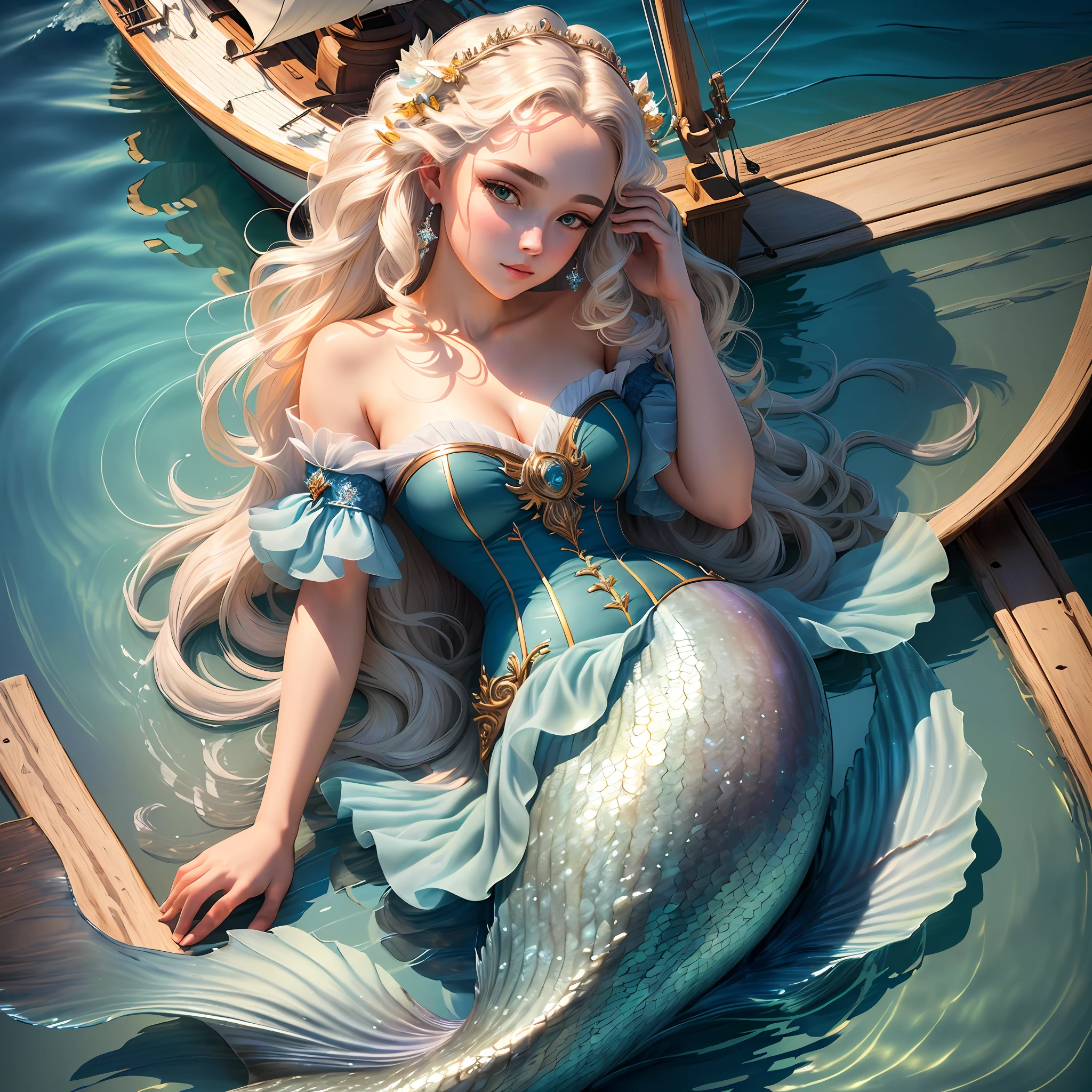 masterpiece, best quality, (extremely detailed CG unity 8k wallpaper), (best quality), (best illustration), (best shadow), realistic lighting, full shot body,mermaid portrait, intricate, elegant, highly detailed, Mermaid, Fishtail,Curl up on deck,Behind the sea, sailboats,Colored scales,beautiful face,dreamy,medieval era, beautiful detailed glow,