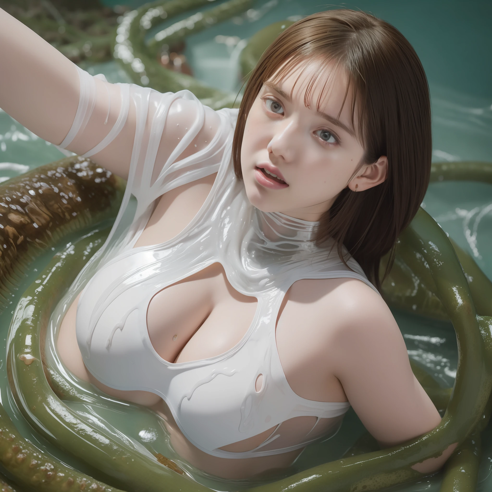 Young woman, perfect figure, squirming tentacle suit, wet white slime, erotic pose, looking up, releasing thighs, solo, yawning, big, (reach: 1.2), lying down, from above, arms outstretched, anger, bed, rough breath, inviting sexual expression, masterpiece, (brown medium hair: 1.3), (fertilized), (slime underwear), inside a man, white liquid dripping from the tips of tentacles